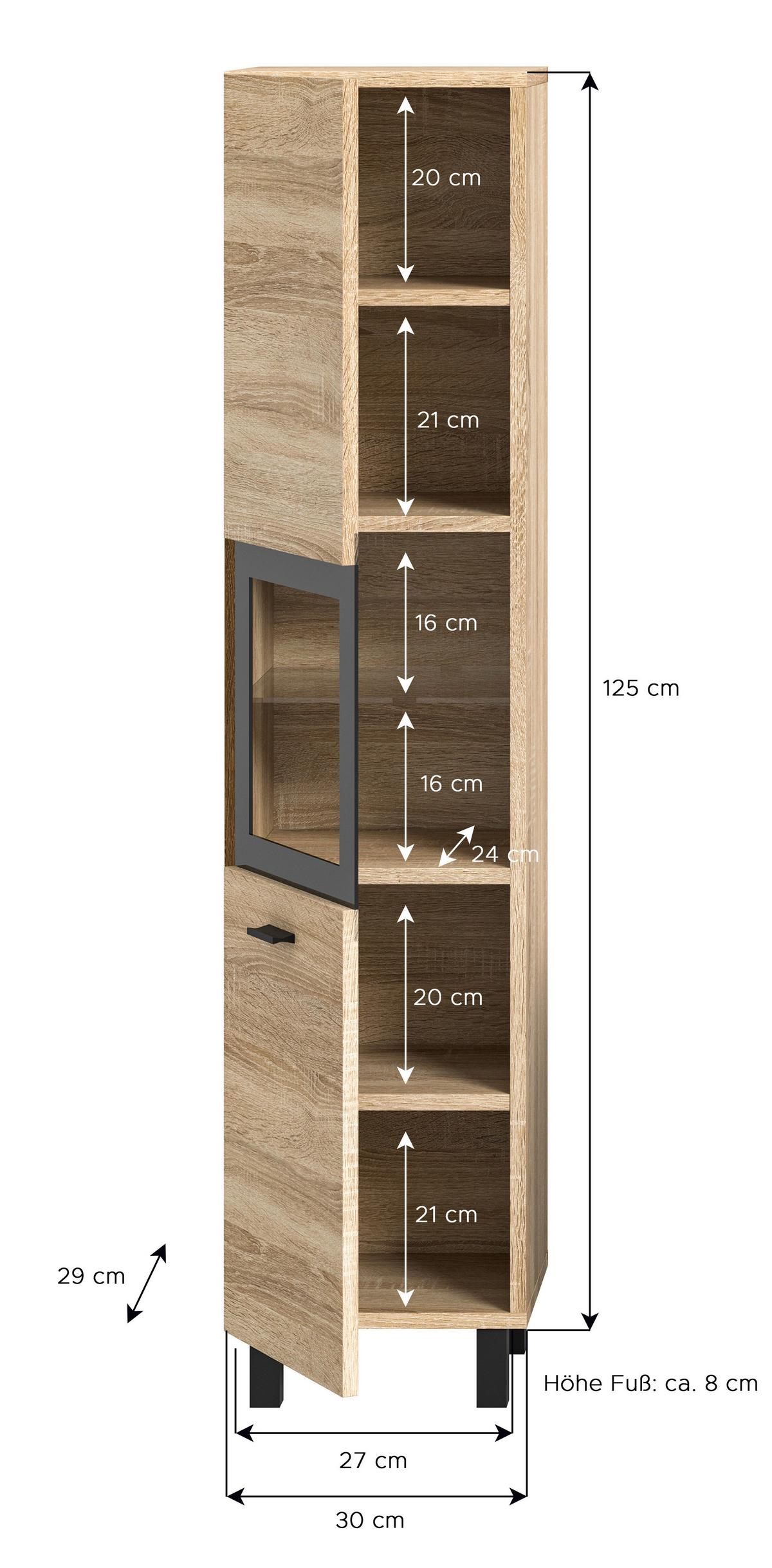 Midischrank Boston Sonoma Eiche Dekor B: 30 cm - Schwarz/Sonoma Eiche, MODERN, Glas/Holzwerkstoff (30/125/29cm) - MID.YOU