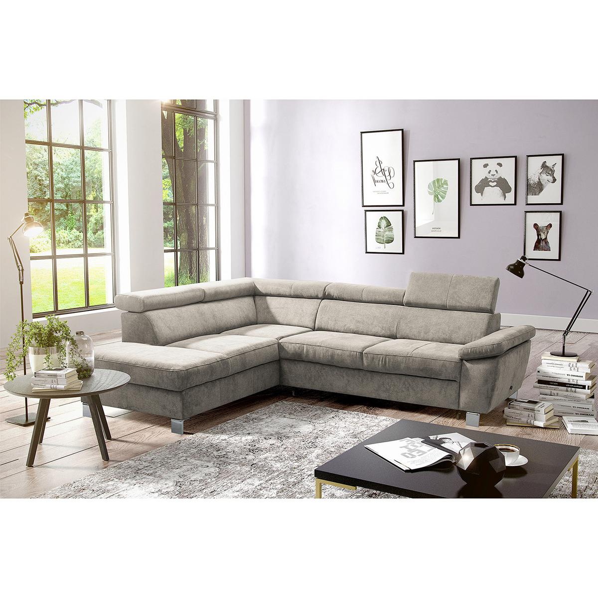 Ecksofa Lugano Mikrofaser Hellbraun 208x248 - Chromfarben/Hellbraun, Design, Textil (208/248cm) - Livetastic