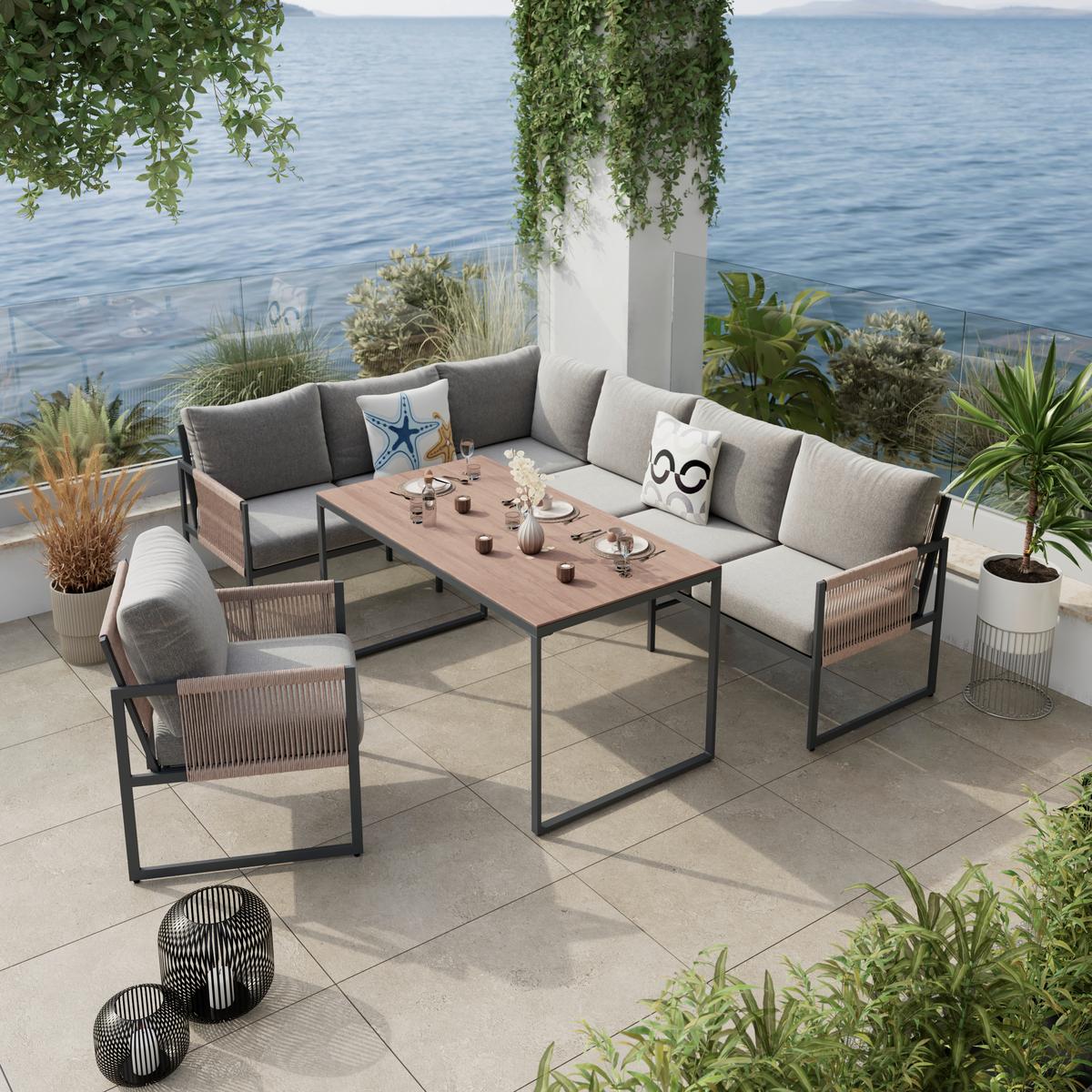 Loungegarnitur Lyon - Dunkelgrau/Beige, MODERN, Glas/Kunststoff (244,50/187cm) - Beldano