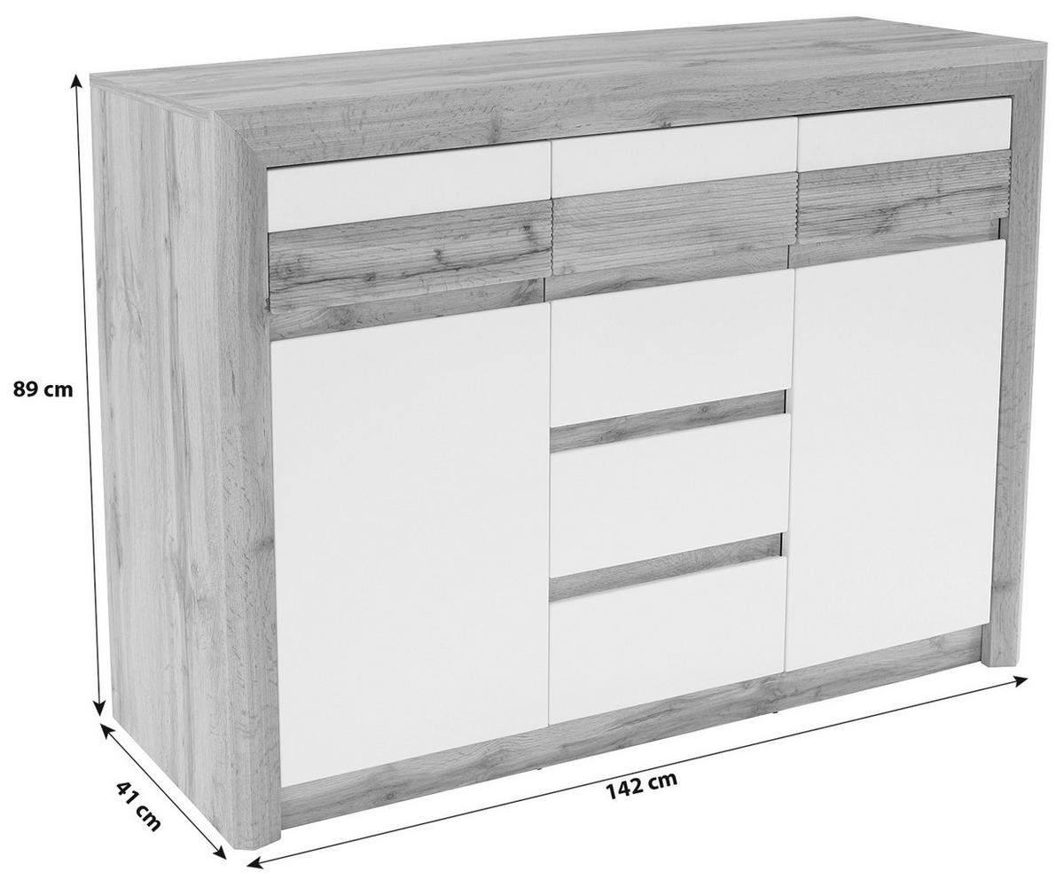 Kommode grifflos + Soft-Close B 142cm Kashmir, Eiche/Weiß - Eichefarben/Weiß, MODERN, Holzwerkstoff (142cm) - James Wood