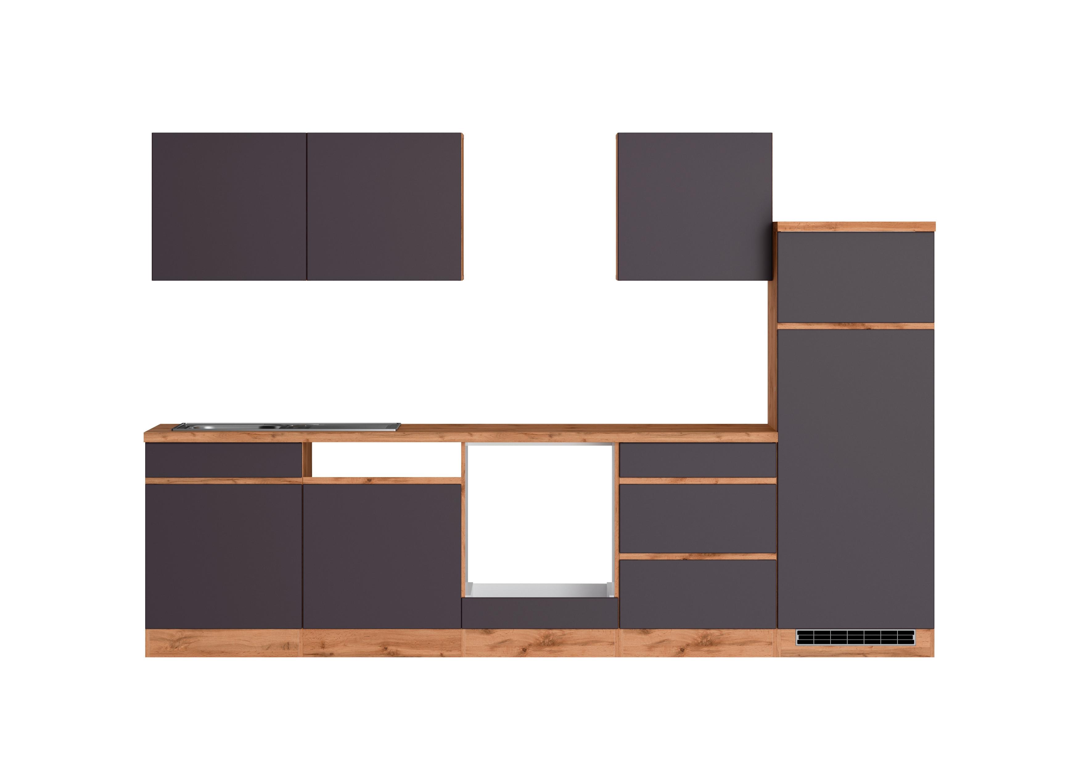 Küchenzeile Turin ohne Geräte B: 300cm Grau/Wotaneiche Dekor - Eiche Wotan/Grau, Design, Holzwerkstoff (300cm) - Held