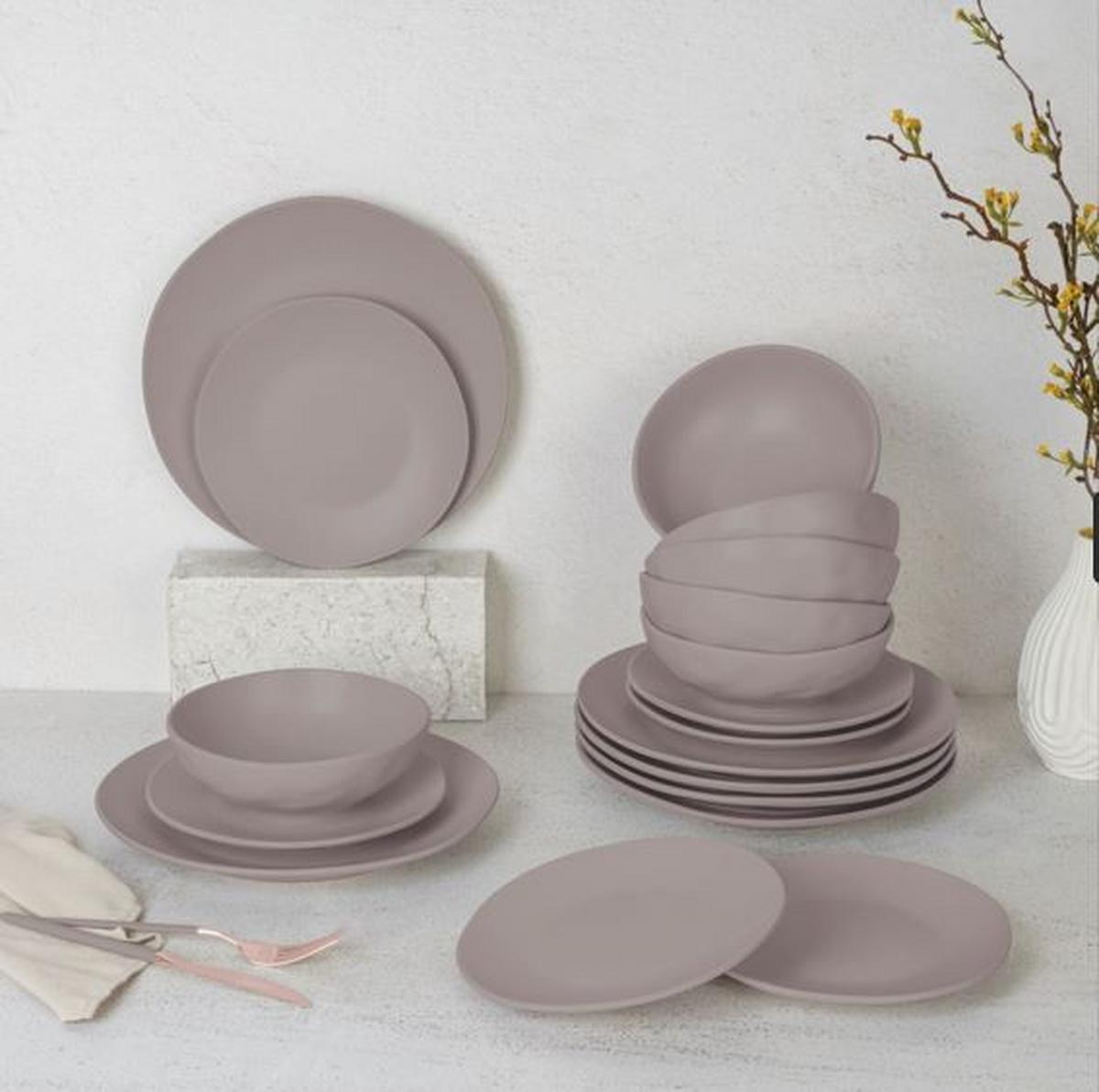 Tellerset Taupe, 18-Tlg. - Taupe, Basics, Keramik