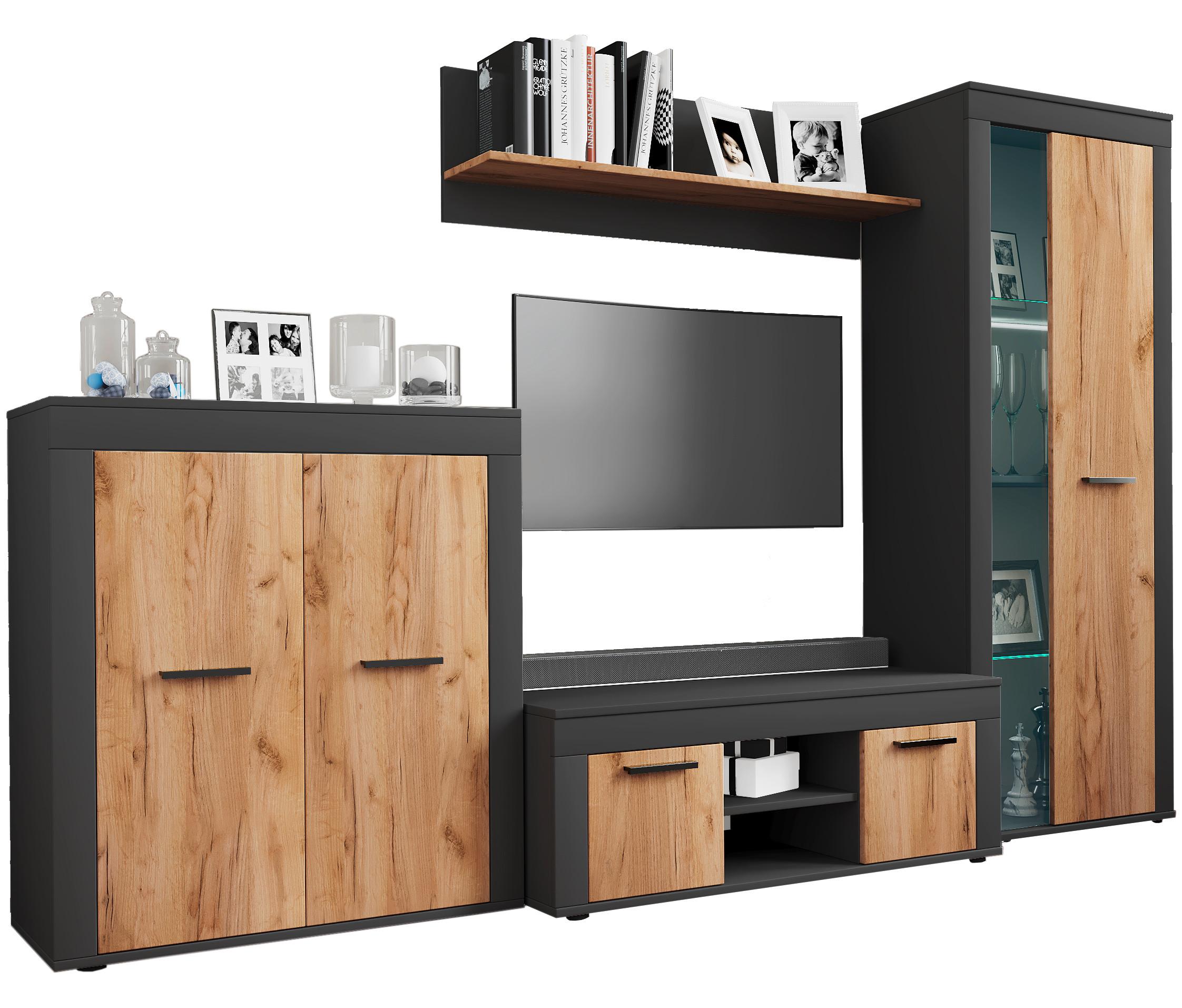 Wohnwand Usilo Anthrazit Honigeiche Dekor - Honigeiche/Anthrazit, Design, Glas/Holzwerkstoff (242/159/37cm) - MID.YOU