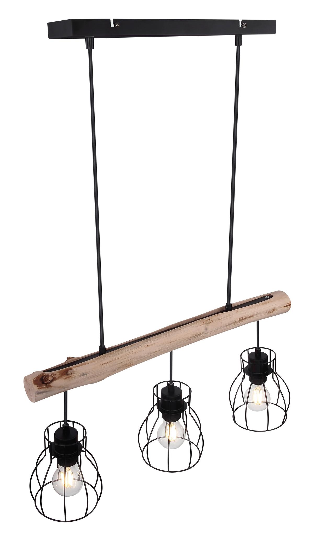 Hängeleuchte H: 140 cm 3-Flammig - Schwarz/Naturfarben, Natur, Holz/Metall (60/13,6/140cm) - Globo