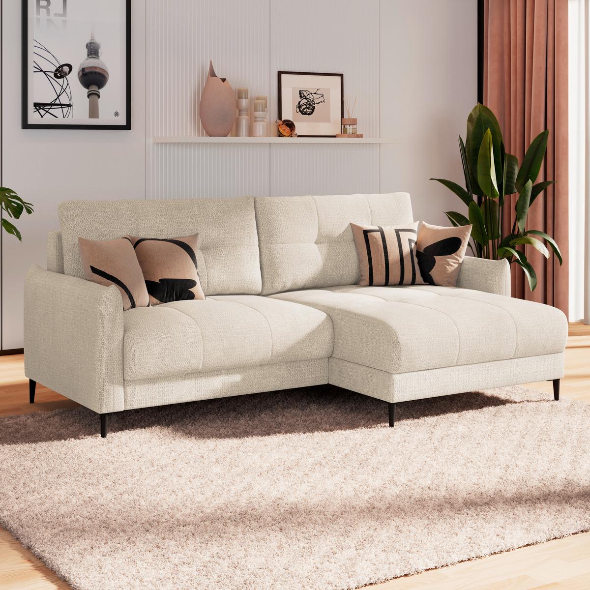 Ecksofa Polis Webstoff beige, 221x142cm - Beige/Schwarz, Trend, Textil (221/142cm) - Ondega