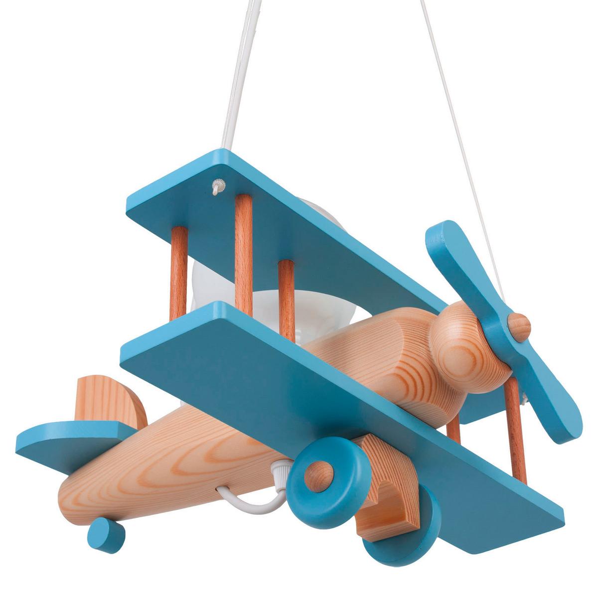 Kinderhängeleuchte Flugzeug H: 75 cm 1-Flammig - Blau/Naturfarben, KONVENTIONELL, Holz (29/31/75cm)