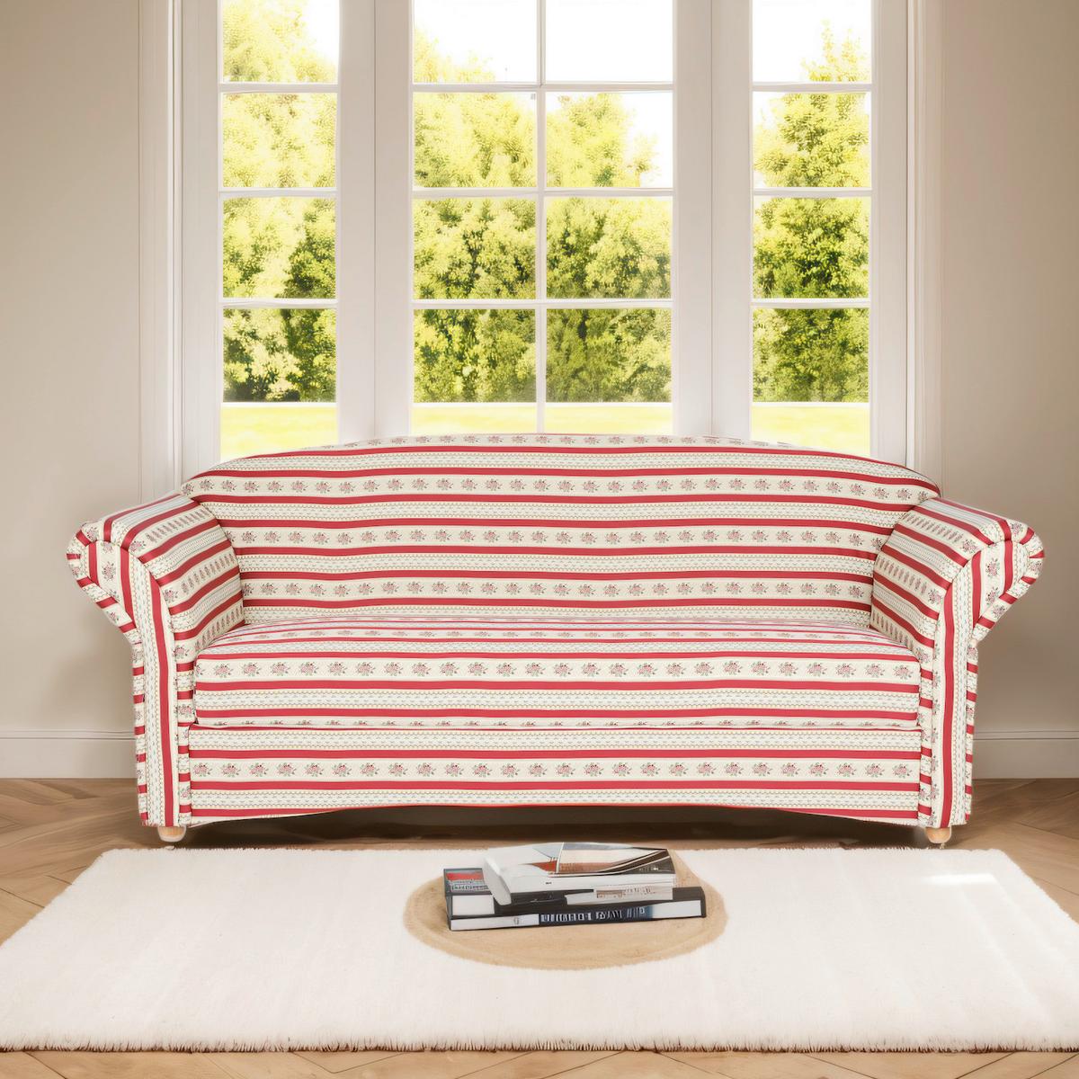 3-Sitzer Loretta,rot gestreift Blumenmuster, ca. 204x83x85 cm - Hellbraun/Bordeaux, Basics, Holz/Textil (204/83/85cm)