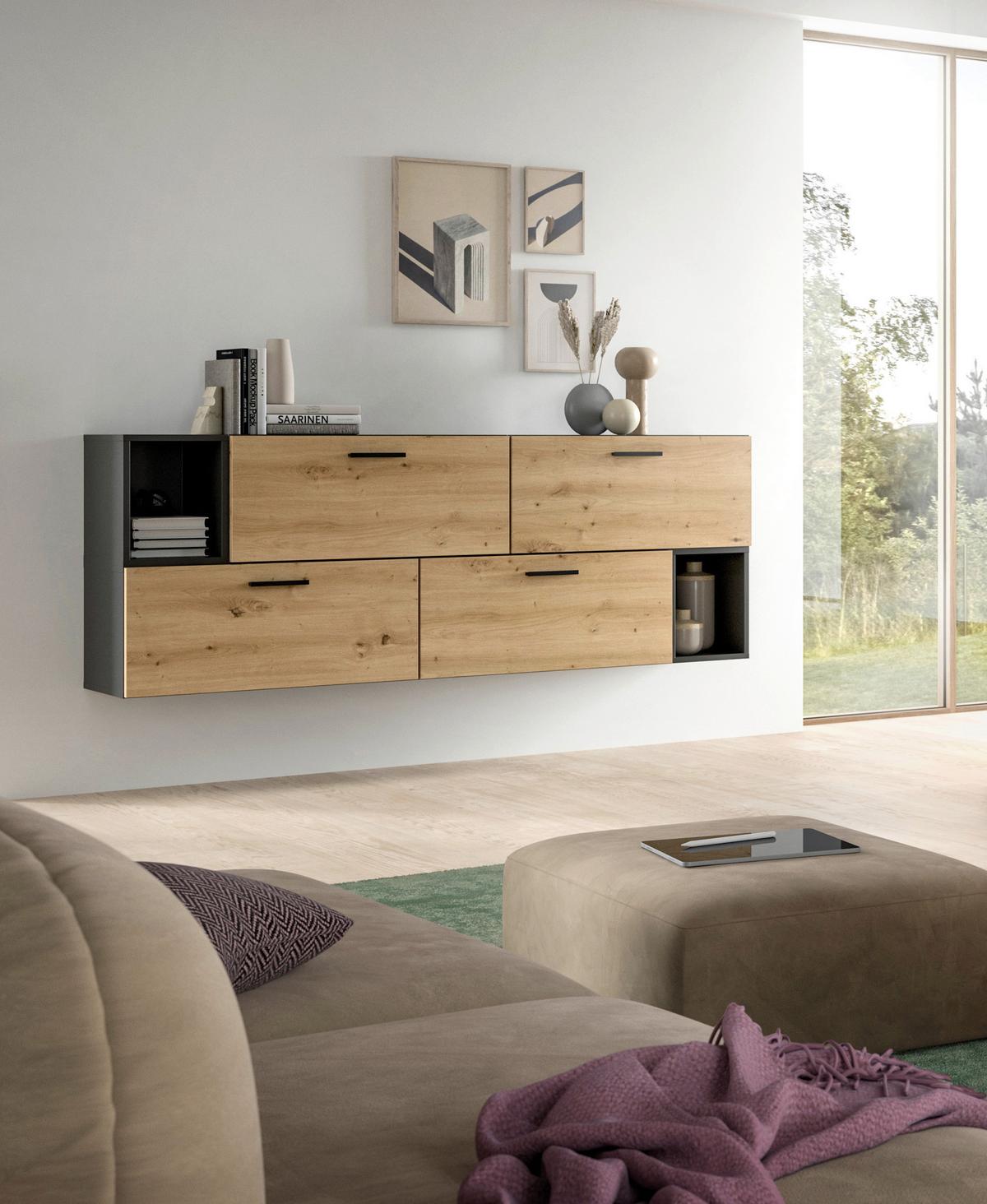 Wohnwand, The One 2, B: 176 cm Artisan Eiche Dekor/Grau - Schwarz/Eiche Artisan, Trend, Holzwerkstoff (176/97/34cm)