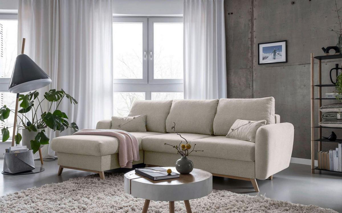 Sedačka LUCILE S, levá, béžová, úl.prostor a lůžko - přírodní barvy/béžová, dřevo/textil (157/235cm) - MID.YOU