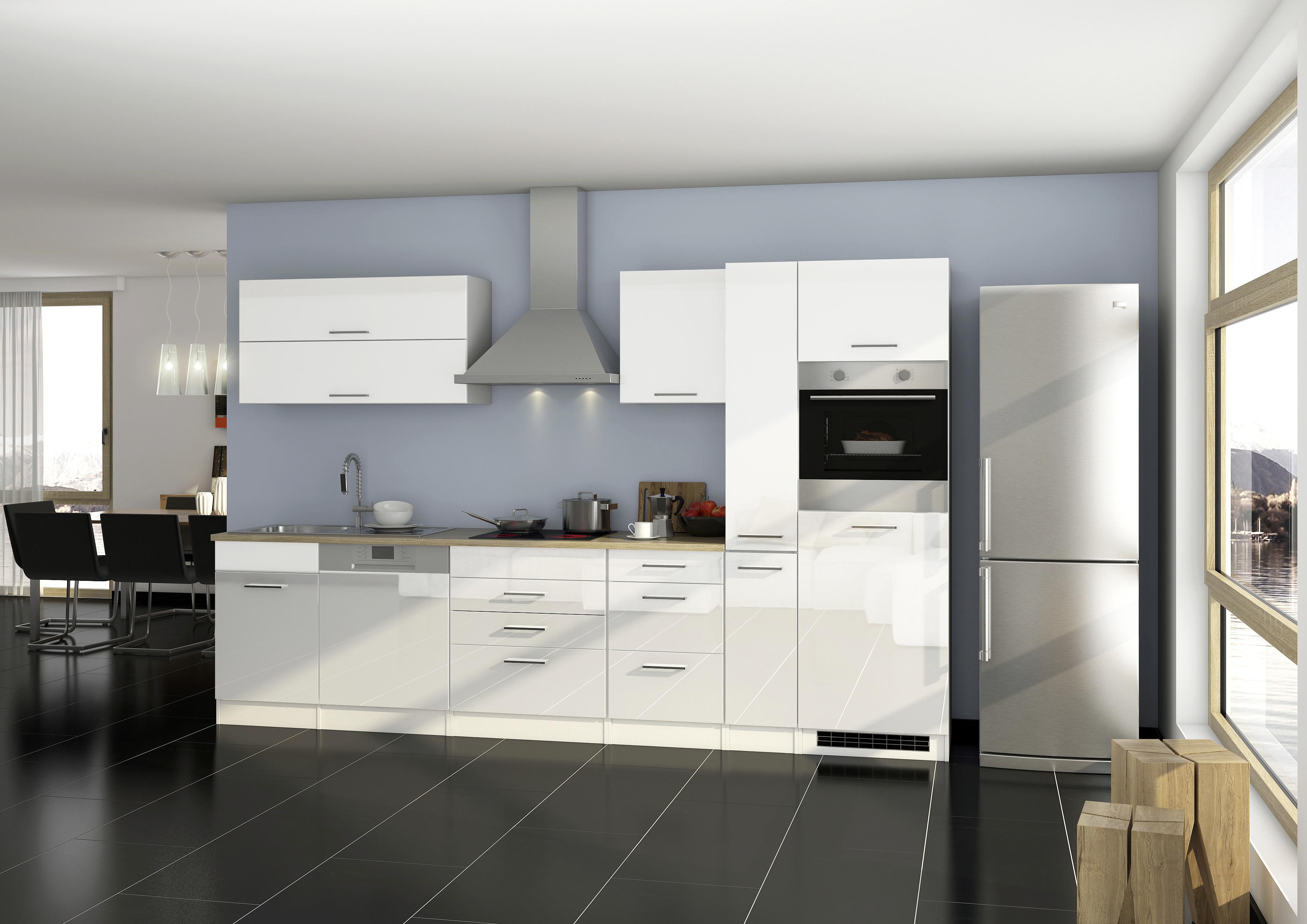 Küchenzeile Mailand mit Geräten 330 cm Weiß Hochglanz - Eichefarben/Weiß, MODERN, Holzwerkstoff (330cm) - MID.YOU
