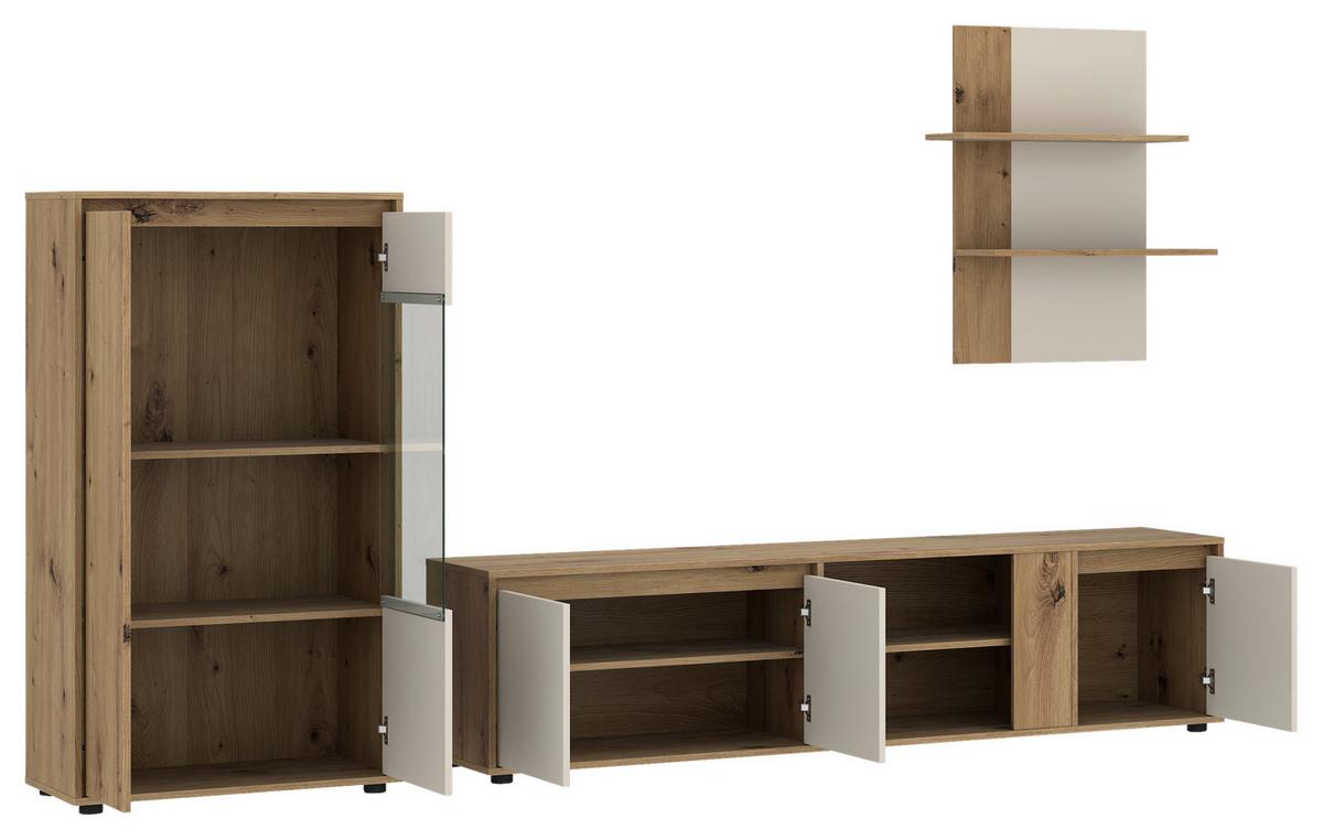 Wohnwand Caneva Eiche Artisan/Kaschmir B:267cm - Kaschmir/Eiche Artisan, MODERN, Glas/Holzwerkstoff (267,5/135/40cm) - Modern Living