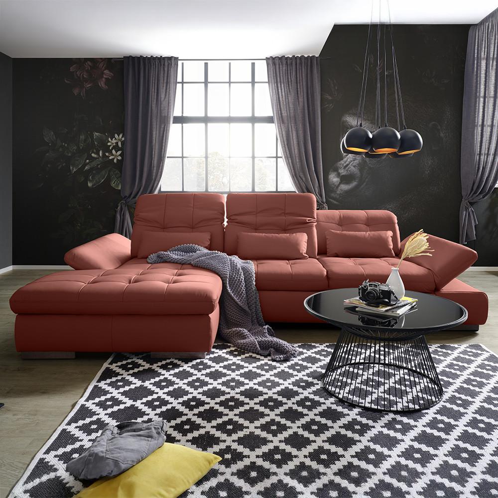 Rohová sedačka SANFINO, ľavá, vínovočervená pravá koža - vínovočervená/chrómová, Konventionell, kov/koža (199/79-96/305cm) - Premium Living