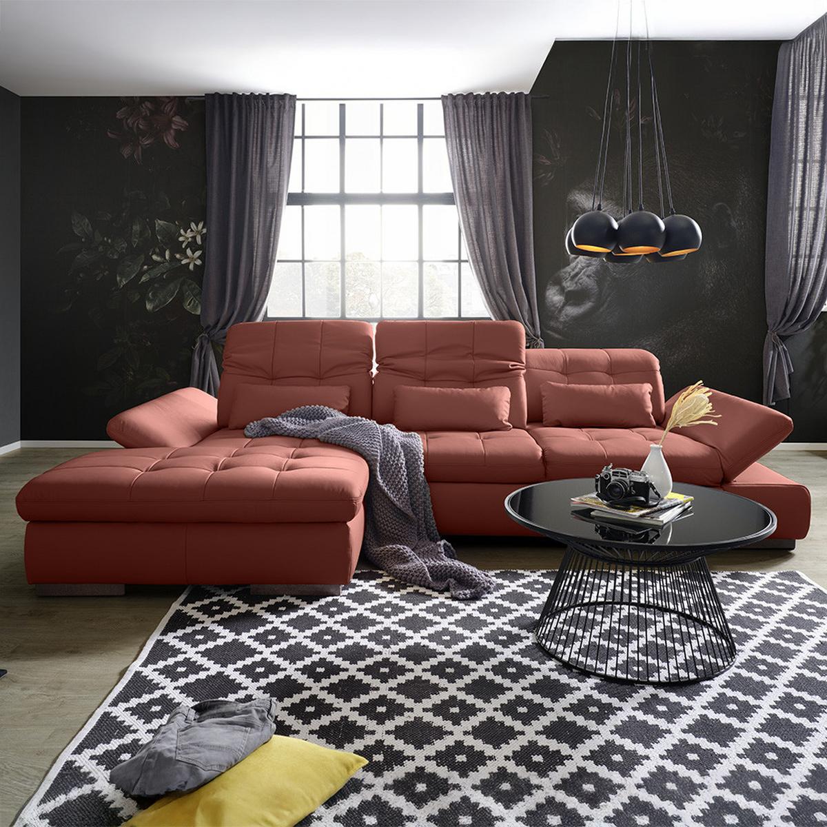 Rohová sedačka SANFINO, ľavá, vínovočervená pravá koža - vínovočervená/chrómová, Konventionell, kov/koža (199/79-96/305cm) - Premium Living