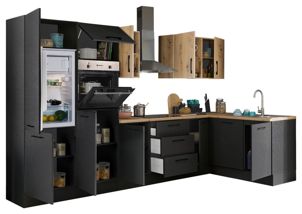 Eckküche Turin Schwarz/Eiche Dekor 340x175 cm - Schwarz/Eiche Artisan, Basics, Holzwerkstoff (340/175cm) - MID.YOU