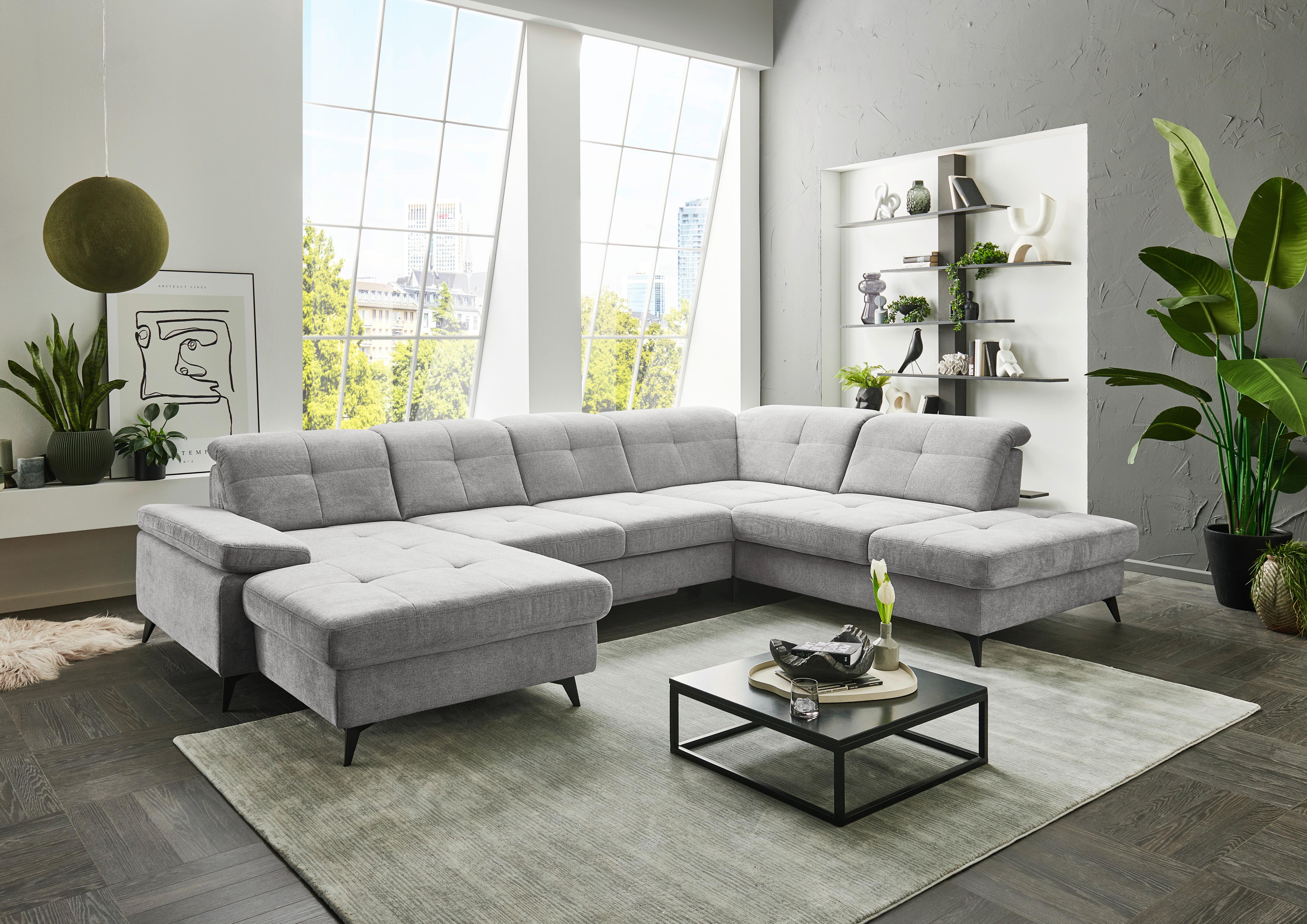 Sedačka SORENA U, pravá, sv.sivá ženilka, s funkciami - čierna/svetlosivá, Modern, kov/textil (198/353/255cm) - Premium Living