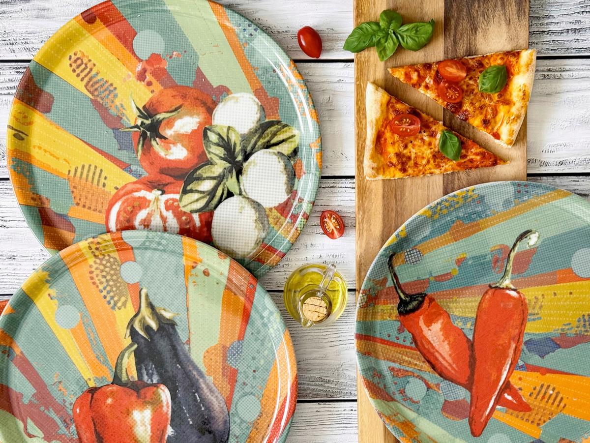 Pizzatellerset Porzellan 4 tlg. D: 31 cm - Blau/Rot, Basics, Keramik (31/2cm) - Mäser