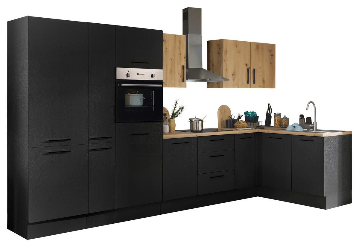 Eckküche Turin Schwarz/Eiche Dekor 360x125 cm - Schwarz/Eiche Artisan, Basics, Holzwerkstoff (360/125cm) - MID.YOU