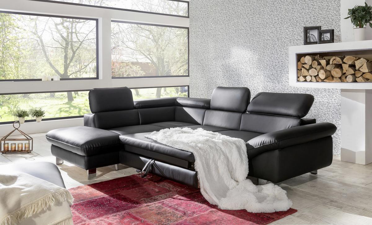 Ecksofa Mit Schlaffunktion Driver Schwarz Lederlook - Chromfarben/Schwarz, MODERN, Textil (214/266cm) - MID.YOU