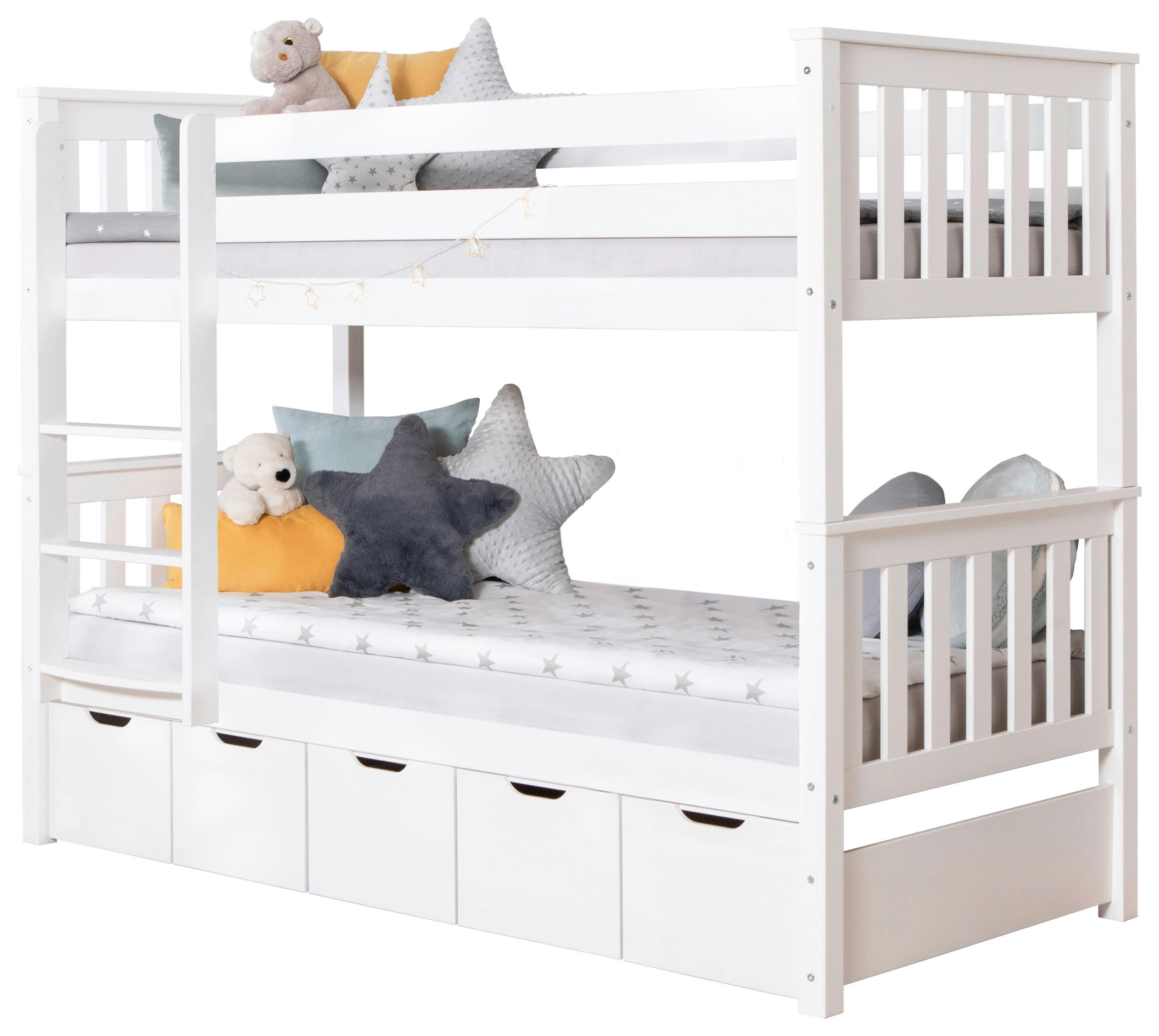 Etagenbett Sammy Weiß Kiefer massiv 90 cm m. Stauraum