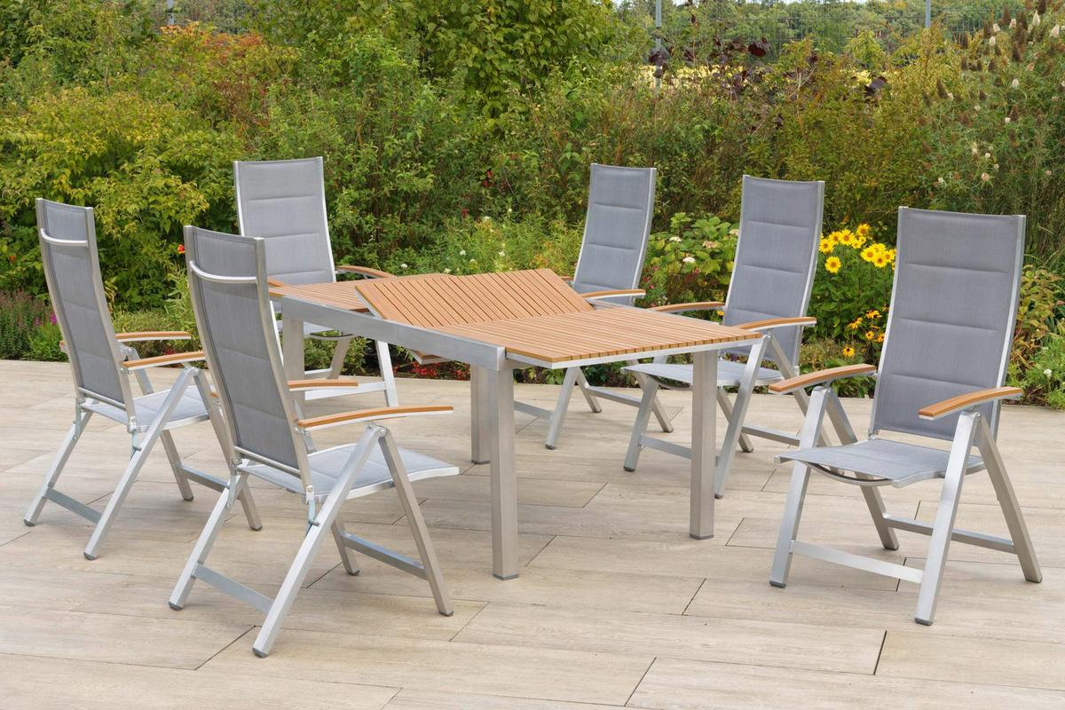 Gartentischgruppe San Remo 7 -Teilig. Grau/Natur/Silberfarben - Silberfarben/Naturfarben, KONVENTIONELL, Kunststoff/Textil - Gardenson