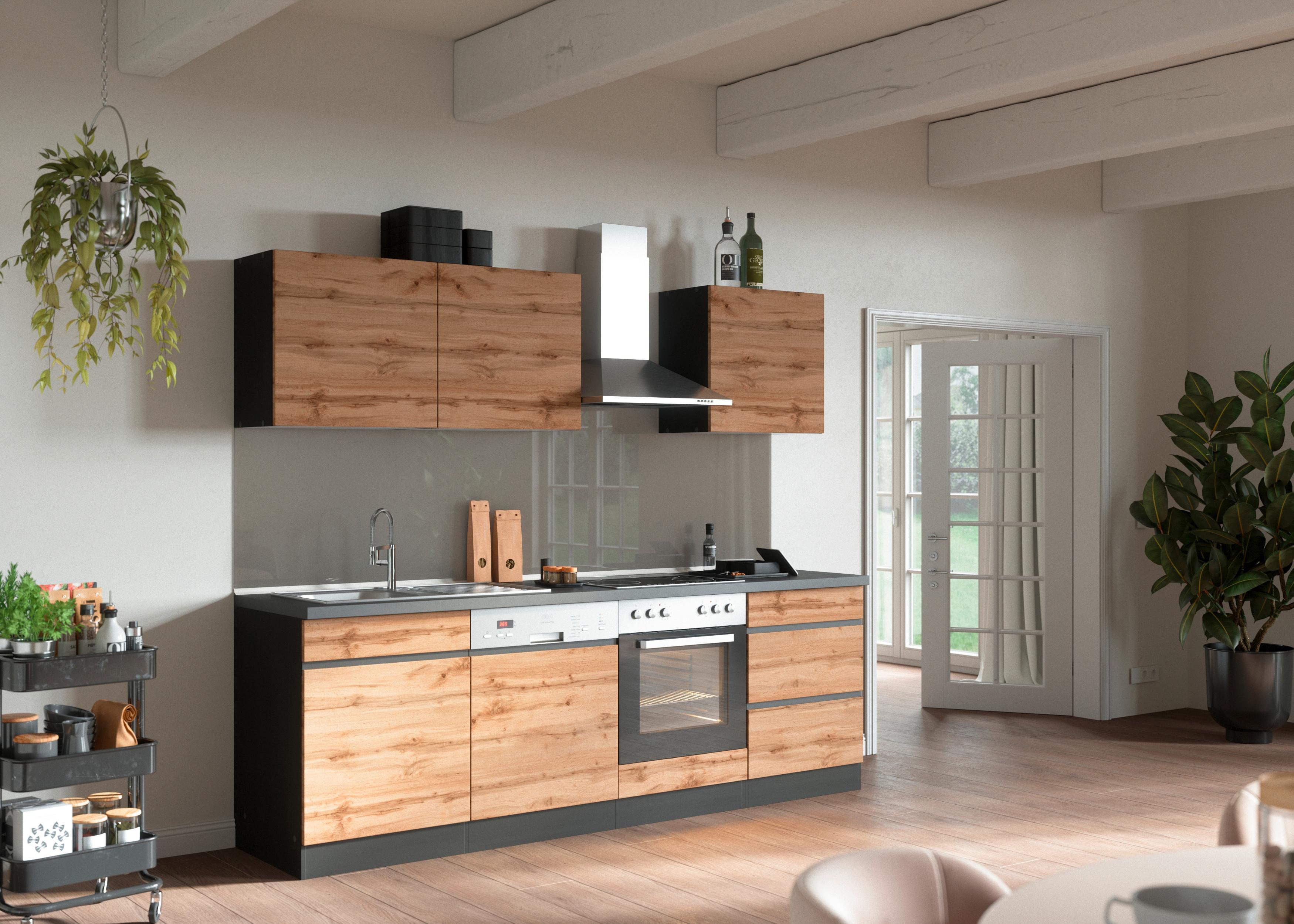 Küchenzeile Turin ohne Geräte B: 240 cm Graphit/Eiche Dekor - Eiche Wotan/Graphitfarben, Design, Holzwerkstoff (240cm) - Held