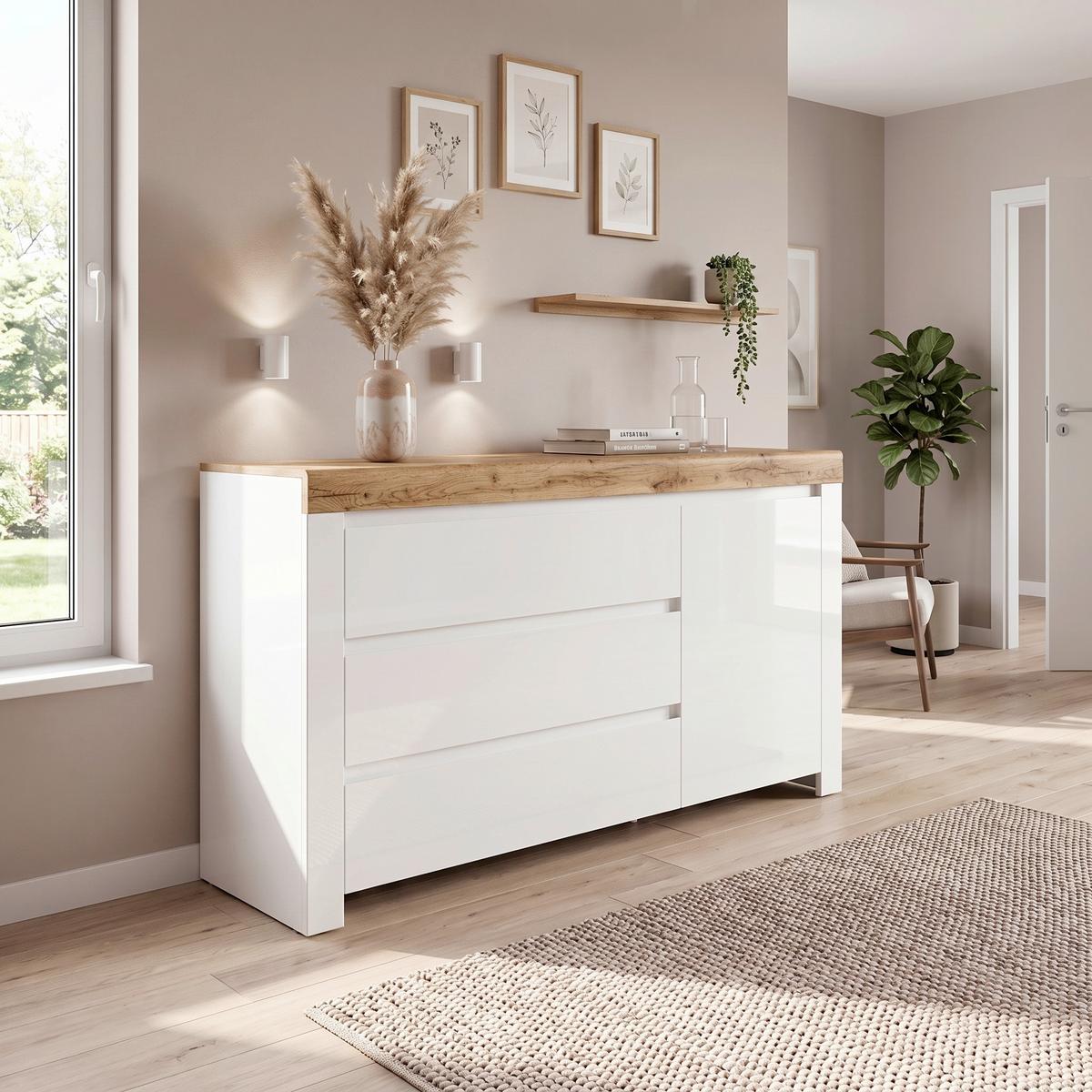 KOMMODE HOLTEN CHEST OF DRAWERS - Weiß Hochglanz/Eiche Wotan, Design, Holzwerkstoff (156/83,5/42cm)