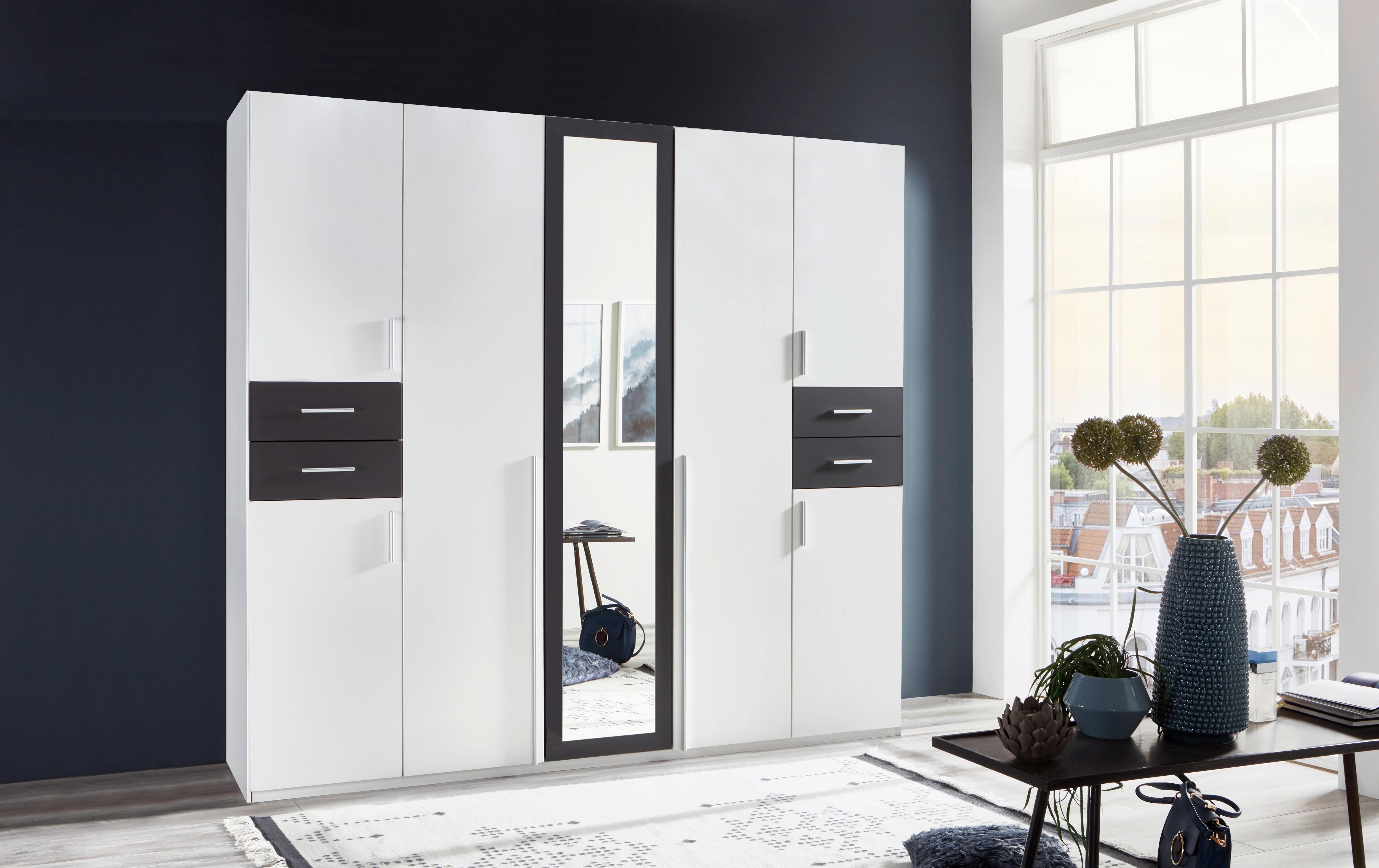 Drehtürenschrank Mit Spiegel + Laden B: 225 Cm Vegas, Weiß - Graphitfarben/Weiß, Basics, Holzwerkstoff (225/208/58cm) - MID.YOU