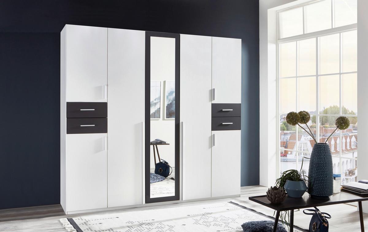 Drehtürenschrank Mit Spiegel + Laden B: 225 cm Vegas, Weiß - Graphitfarben/Weiß, Basics, Holzwerkstoff (225/208/58cm) - MID.YOU