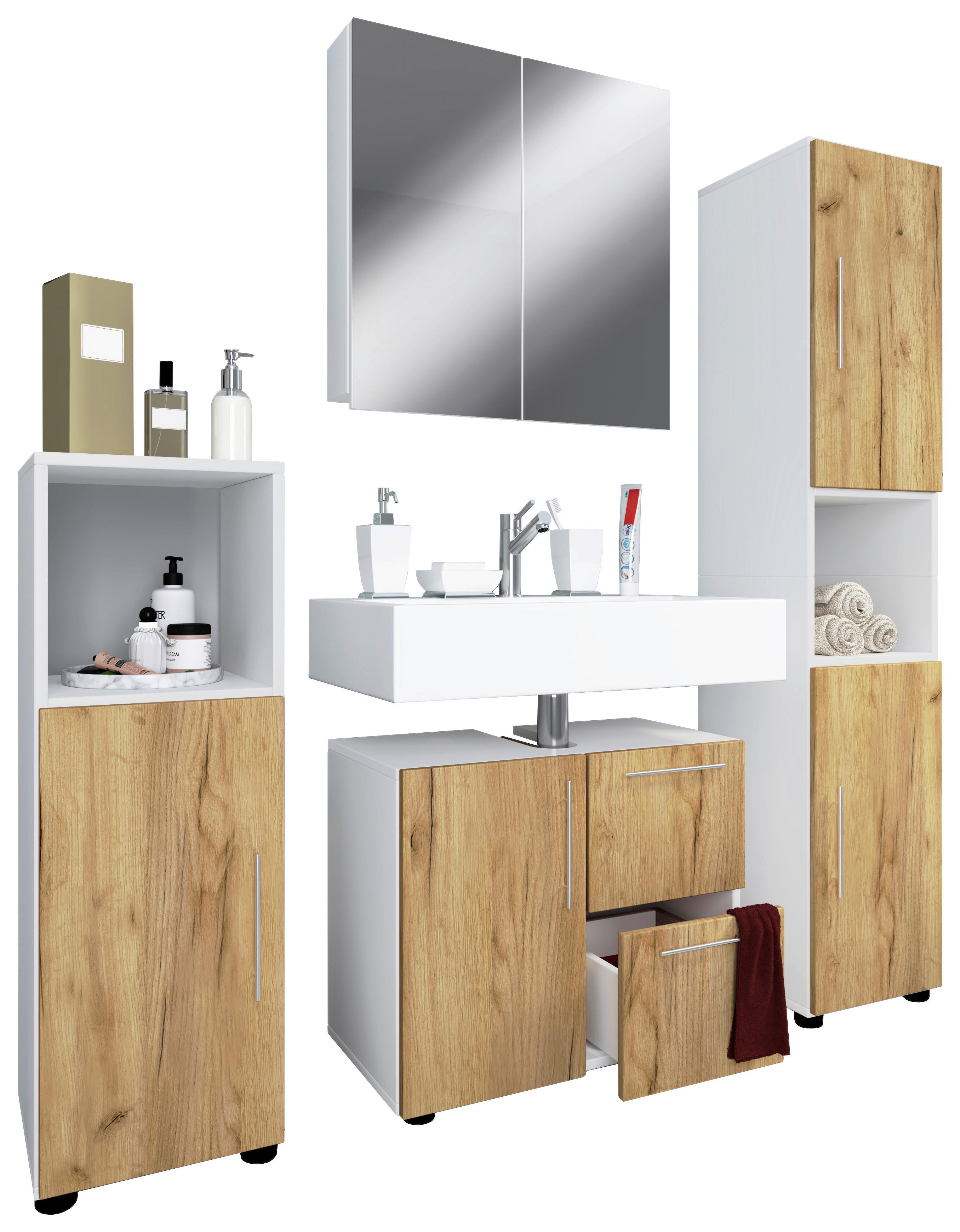 Badmöbel-set 4-tlg. Flandu B: 123 Cm Weiß/eiche Dekor - Honigeiche/Schwarz, MODERN, Holzwerkstoff/Kunststoff (123cm) - MID.YOU