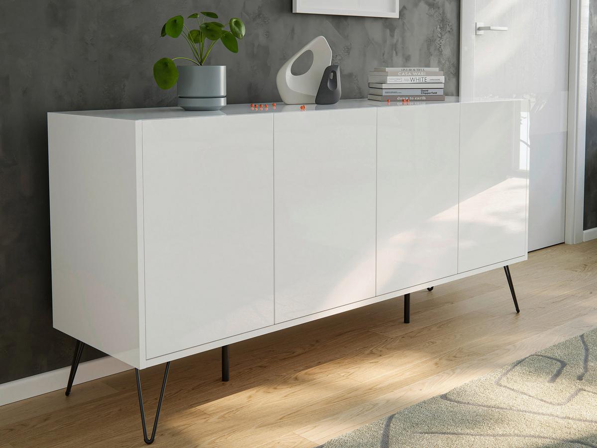 Sideboard Posseik Industrial Weiß B: 155 cm - Weiß Hochglanz/Schwarz, Design, Holzwerkstoff (155/75,8/42cm) - MID.YOU