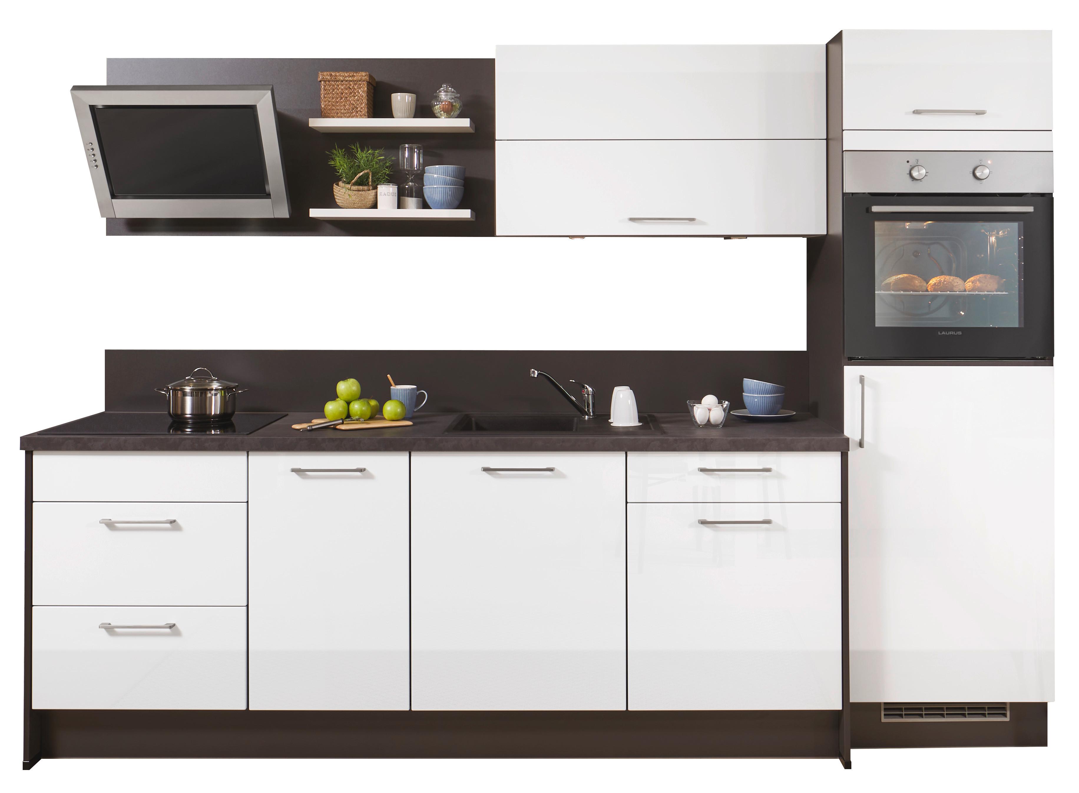 Küchenzeile mit Geräten 285 cm Weiß/Graphitgrau - Weiß Hochglanz/Weiß, MODERN, Holzwerkstoff (285cm) - Pino
