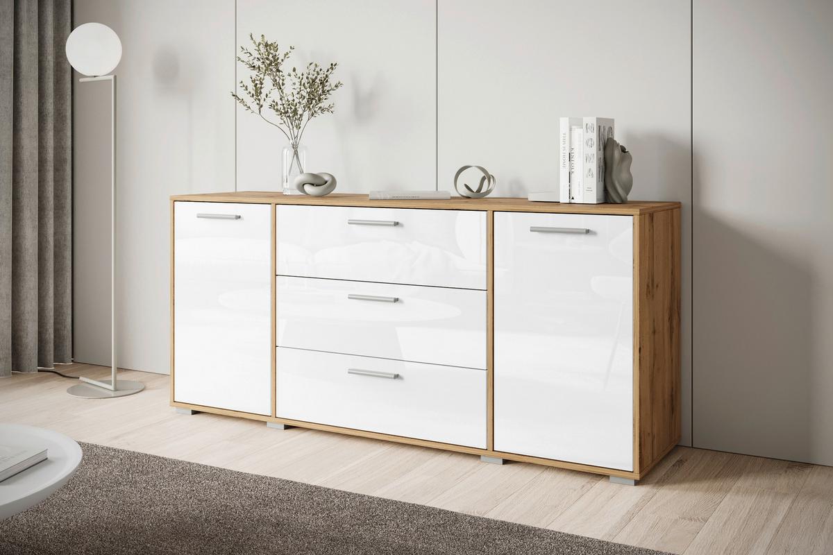 Sideboard 150cm Bogota Xl Grau - Weiß Hochglanz/Eiche Wotan, Basics, Holzwerkstoff (150/68/40cm) - MID.YOU