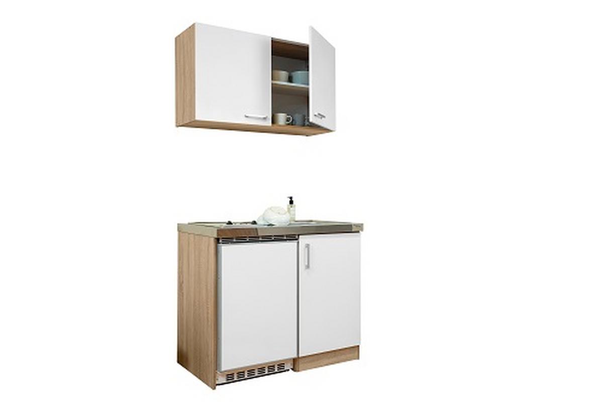 Miniküche M. Kühlschrank + Kochfeld 100 Cm Weiß/eiche - Edelstahlfarben/Eichefarben, MODERN, Holzwerkstoff/Metall (100cm) - Respekta