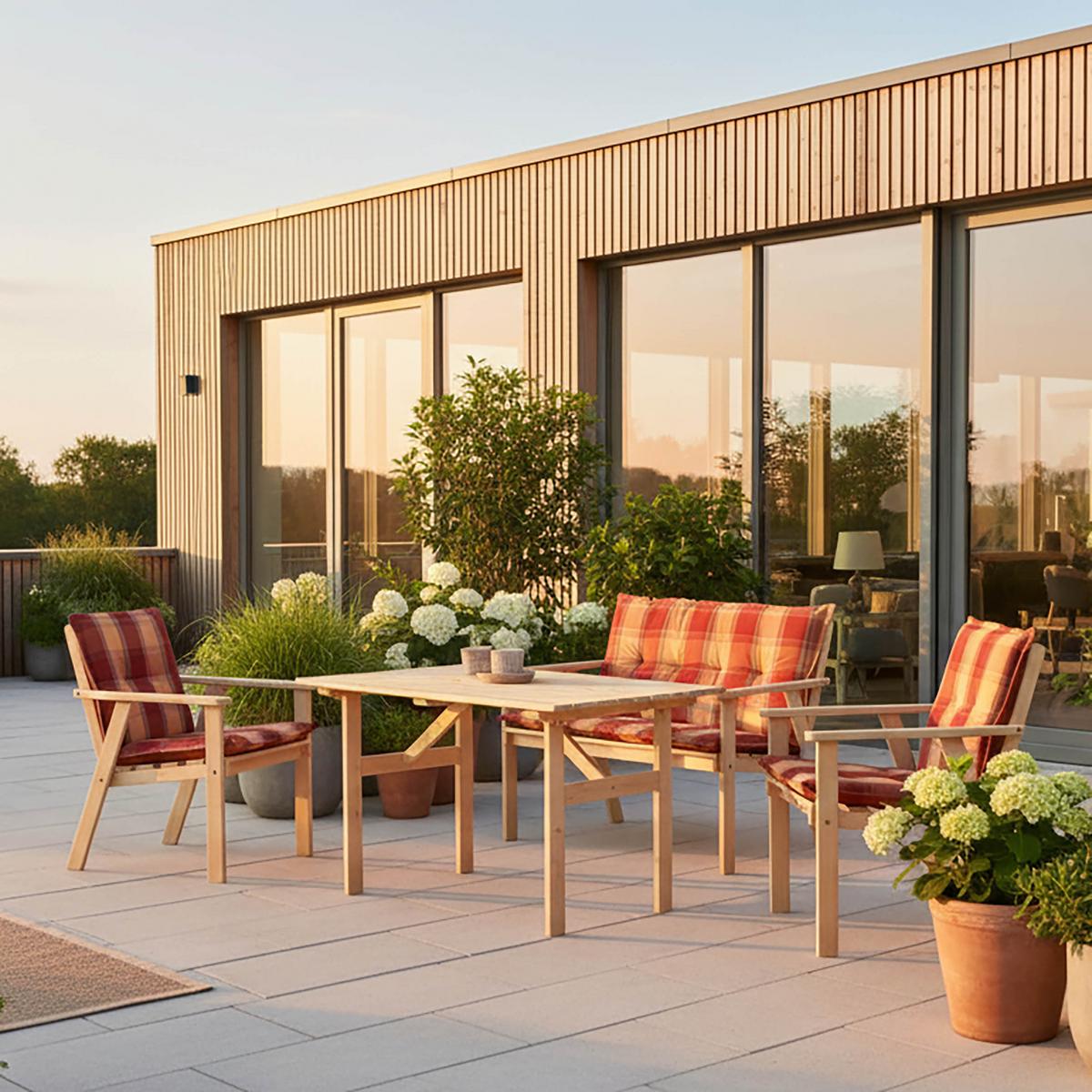 Gartenmöbel Set 7-tlg. Sylt Kiefer Echtholz Mit Kissen - Rot/Naturfarben, MODERN, Holz/Kunststoff - Gardenson