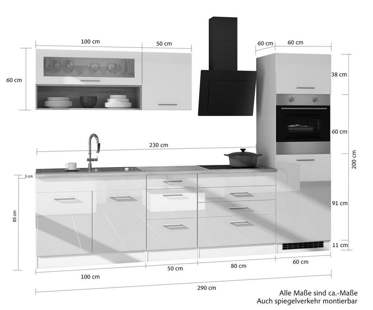 Küchenzeile Mailand mit Geräten 290 cm Anthrazit Hochglanz - Eichefarben/Anthrazit, MODERN, Holzwerkstoff (290cm) - Held