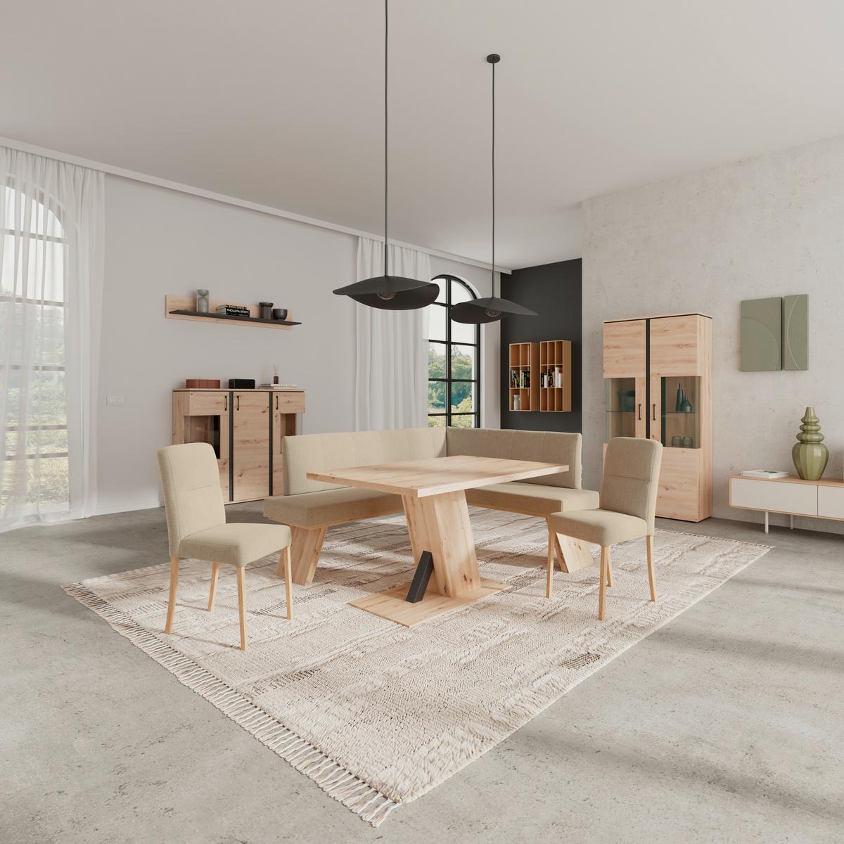 Eckbank Emma Ii Webstoff Beige, B: 140 Cm - Eichefarben/Beige, KONVENTIONELL, Holzwerkstoff/Textil (160/140cm)