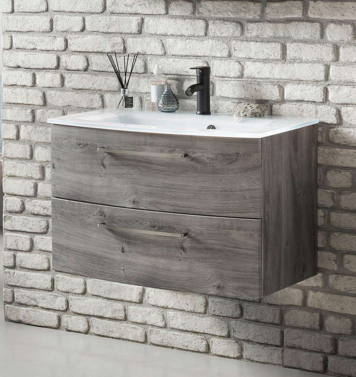 Waschbecken Mit Unterschrank Stockholm B: 80cm Grau Dekor - Eiche grau/Weiß, KONVENTIONELL, Glas/Holzwerkstoff (80cm) - Held