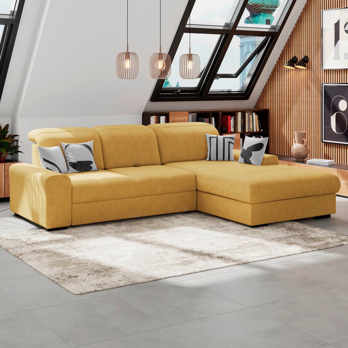 Ecksofa mit Bettfunktion Malaga new Chenille gold - Gelb/Schwarz, KONVENTIONELL, Textil (286/203cm) - Ondega