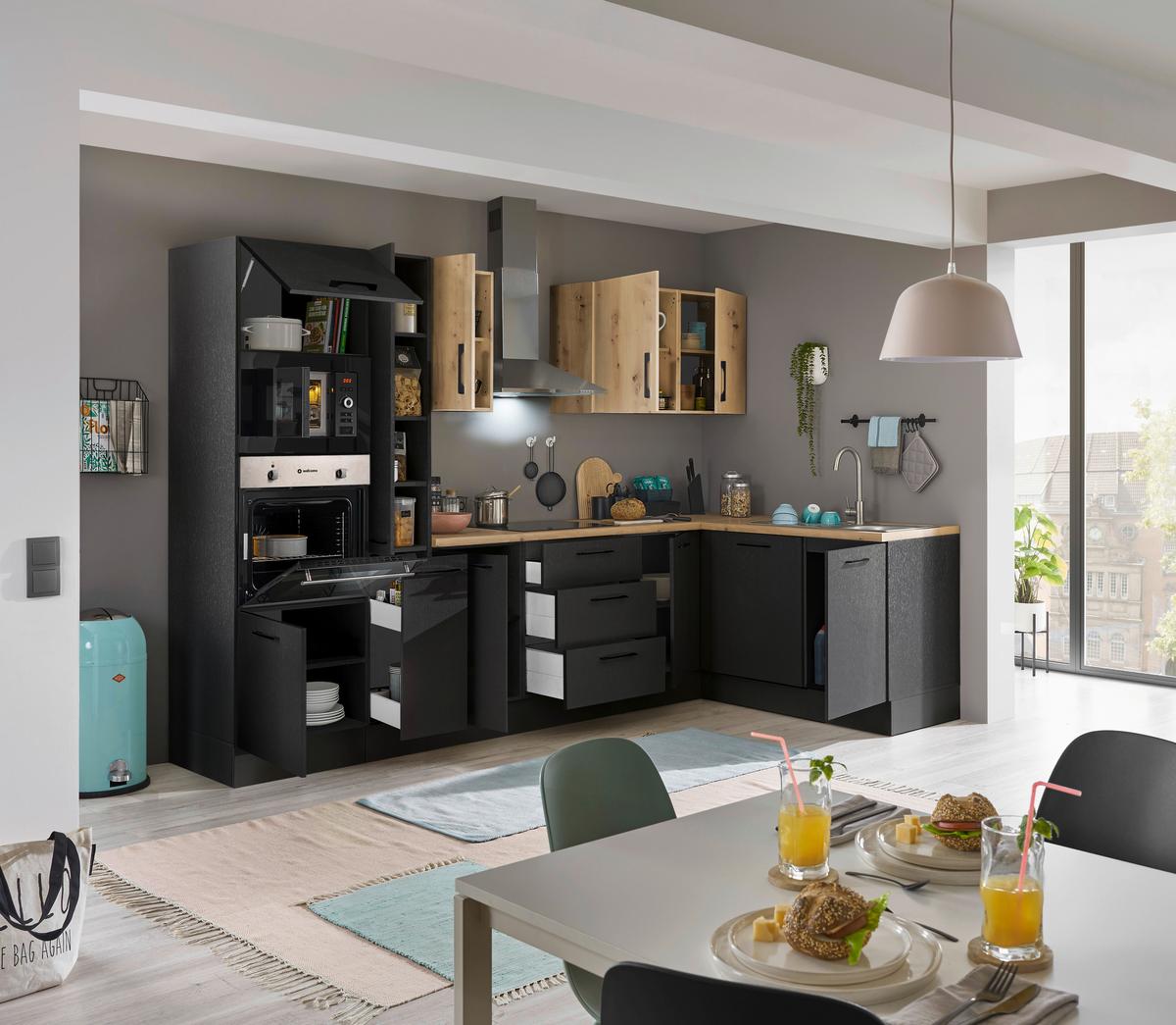 Eckküche Turin Schwarz/Eiche Dekor 310x175 cm - Schwarz/Eiche Artisan, Basics, Holzwerkstoff (310/175cm) - MID.YOU