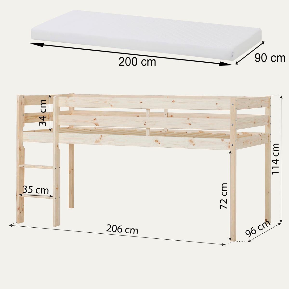 Hochbett Eco Comfort Kiefer Massiv, Lf: 90x200 cm - Naturfarben/Kieferfarben, MODERN, Holz (90/200cm) - MID.YOU
