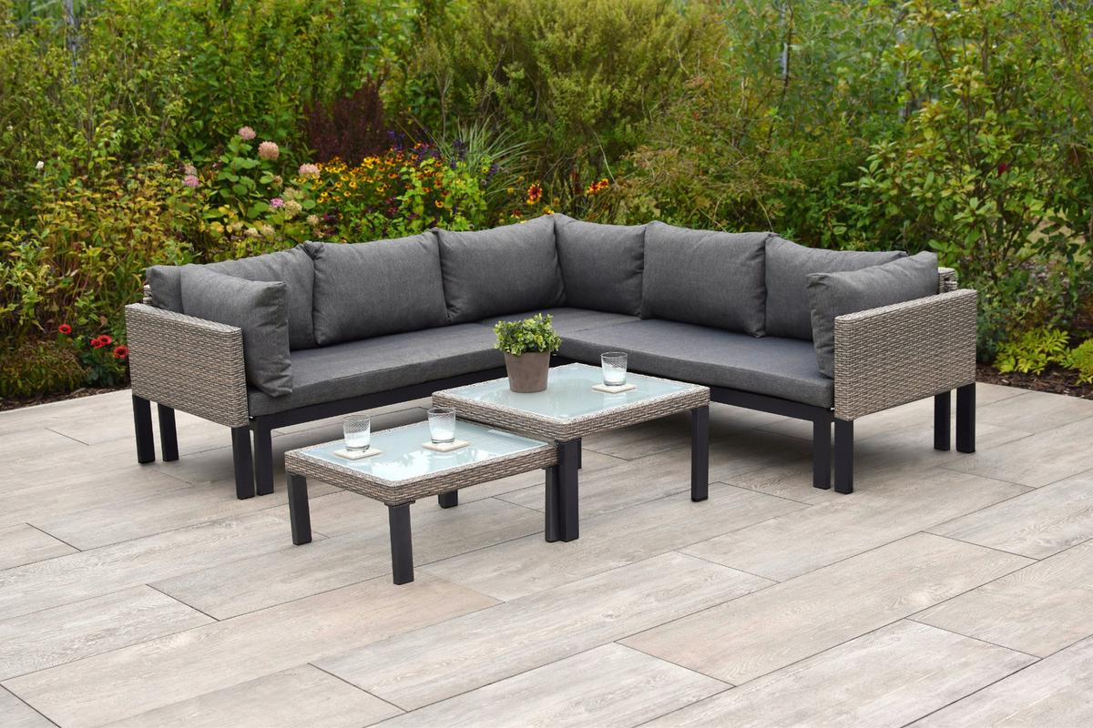 Loungegarnitur 3-Tlg Amantea Metall/Kunststoff mit Kissen - Beige, MODERN, Glas/Kunststoff (200/200cm) - Gardenson