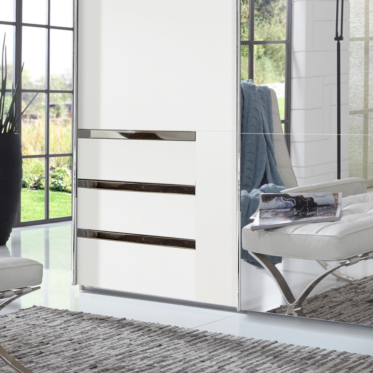 Schwebetürenschrank mit Spiegel 250cm Level 36a, Weiß Dekor - Weiß, MODERN, Glas/Holzwerkstoff (250/216/65cm) - MID.YOU