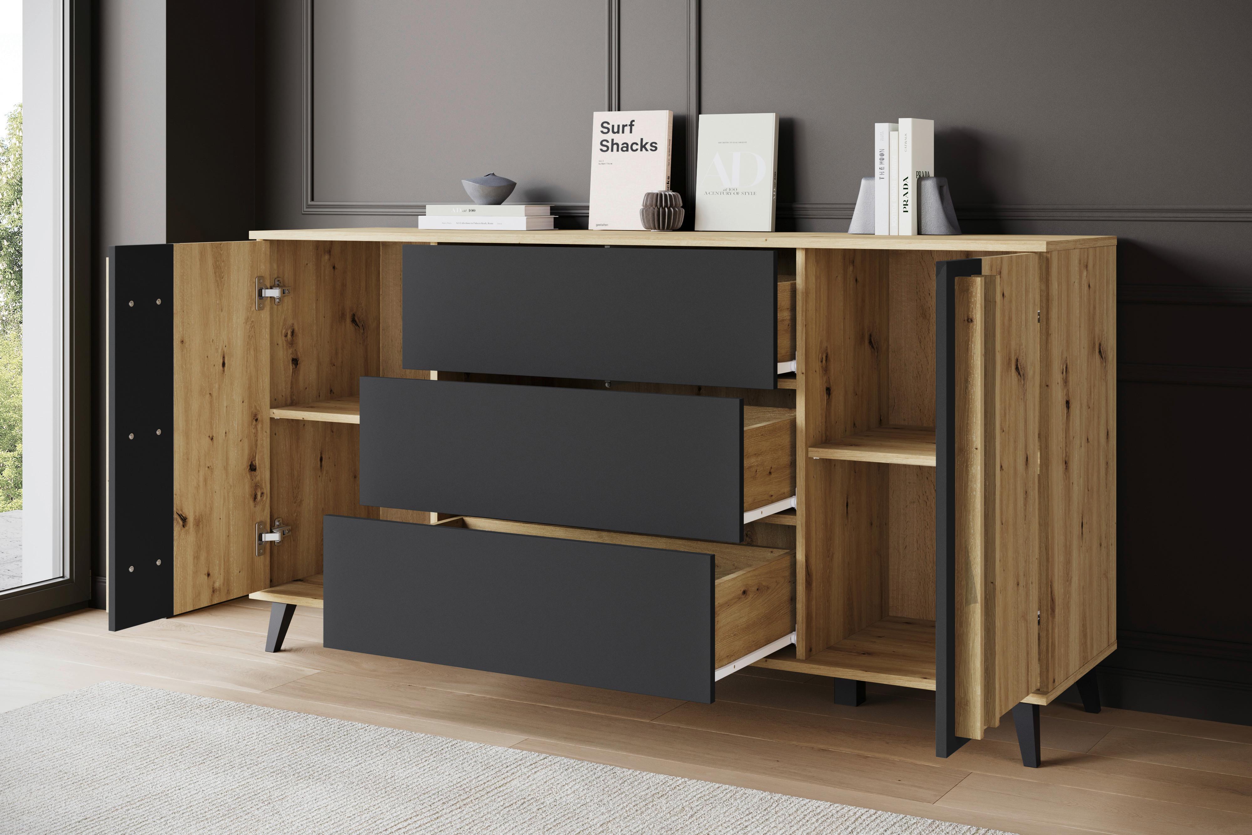 Sideboard Helsinki 150 Eiche Artisan/Schwarz B: 150cm - Schwarz/Eiche Artisan, Trend, Holzwerkstoff (150/77,8/39,5cm)