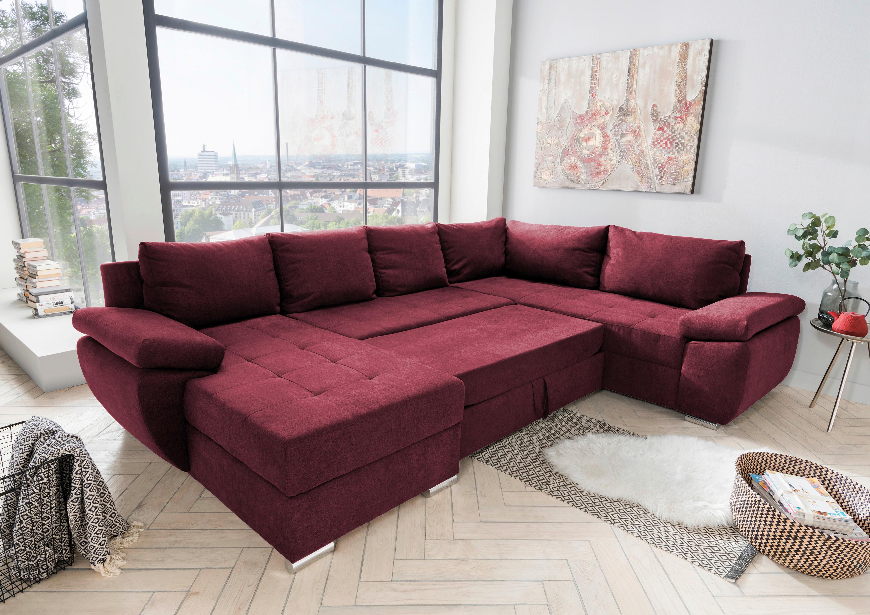 Wohnlandschaft Terana Mit Schlaffunktion, Beere - Chromfarben/Beere, KONVENTIONELL (157/305/219cm) - Livetastic