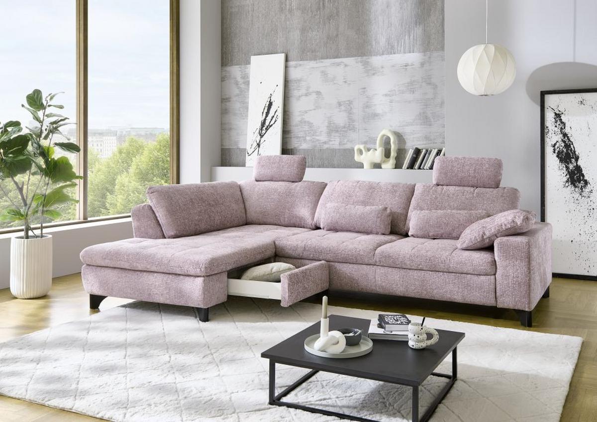Rohová sedačka LANDO, ľavá, ružová ženilka PIA,s funkciami - čierna/ružová, Modern, kov/textil (197/289cm) - Premium Living