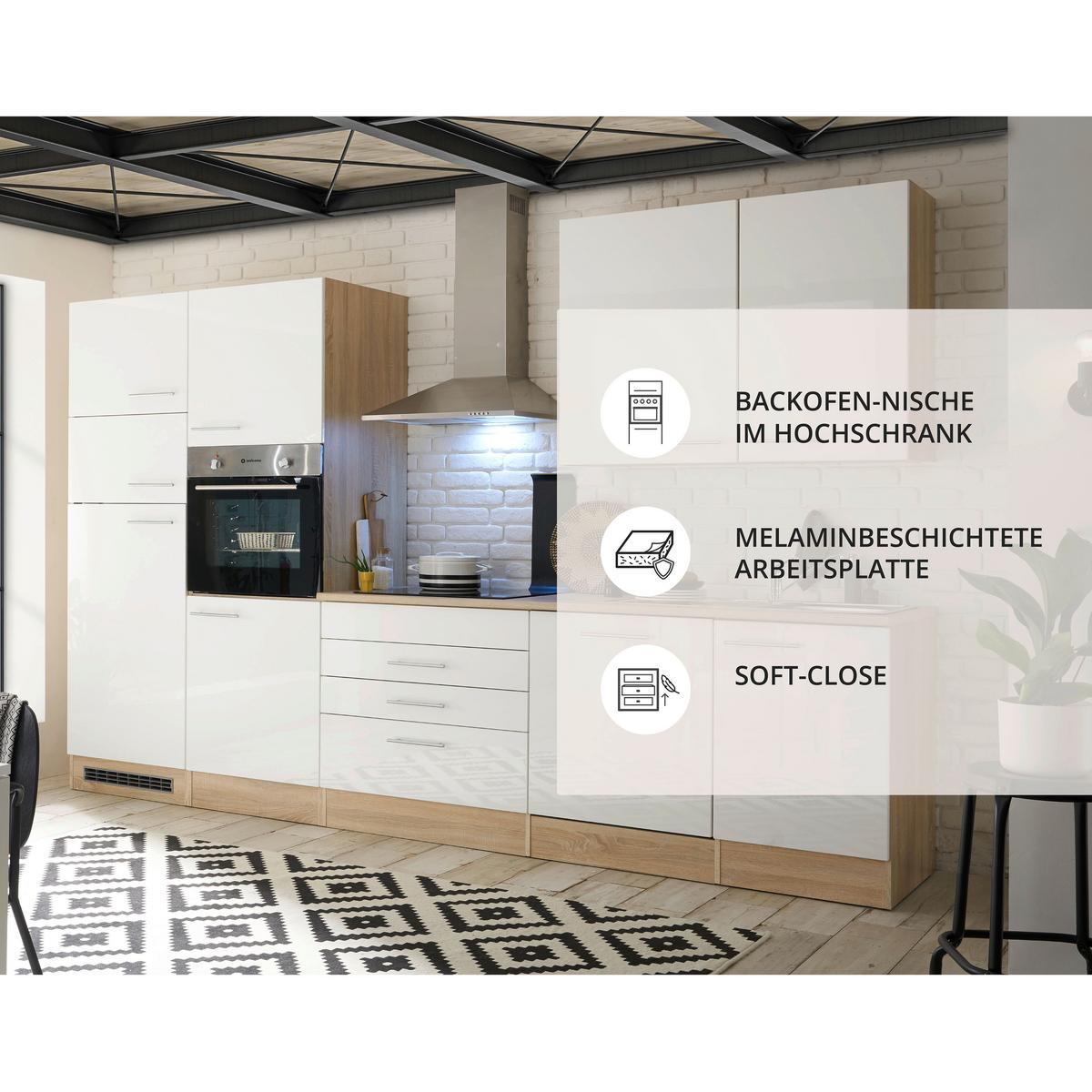 Küchenzeile Laurel ohne Geräte 310 cm Eiche/Weiß Hochglanz - Weiß/Sonoma Eiche, MODERN, Holzwerkstoff (310cm) - MID.YOU