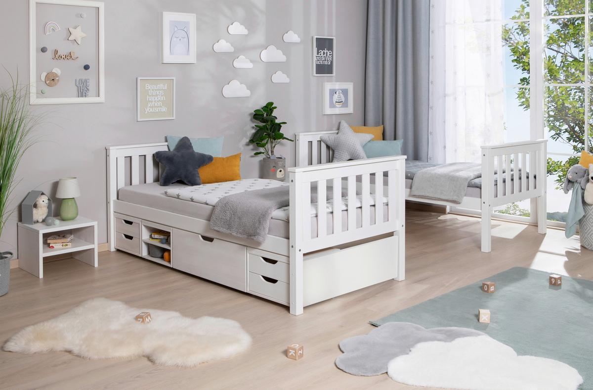 Etagenbett Sammy Weiß Kiefer Massiv 90 Cm Mit Stauraum - Weiß, MODERN, Holz (90/200cm) - MID.YOU