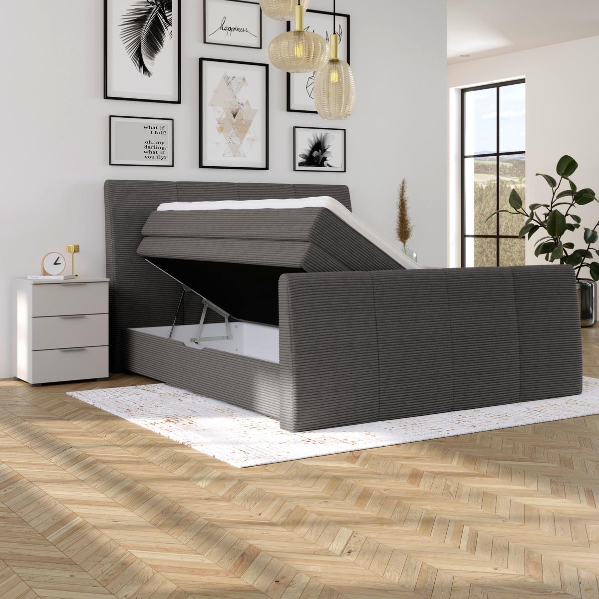 Boxspringbett Libra - Dunkelgrau/Schwarz, KONVENTIONELL, Textil (160/200cm)