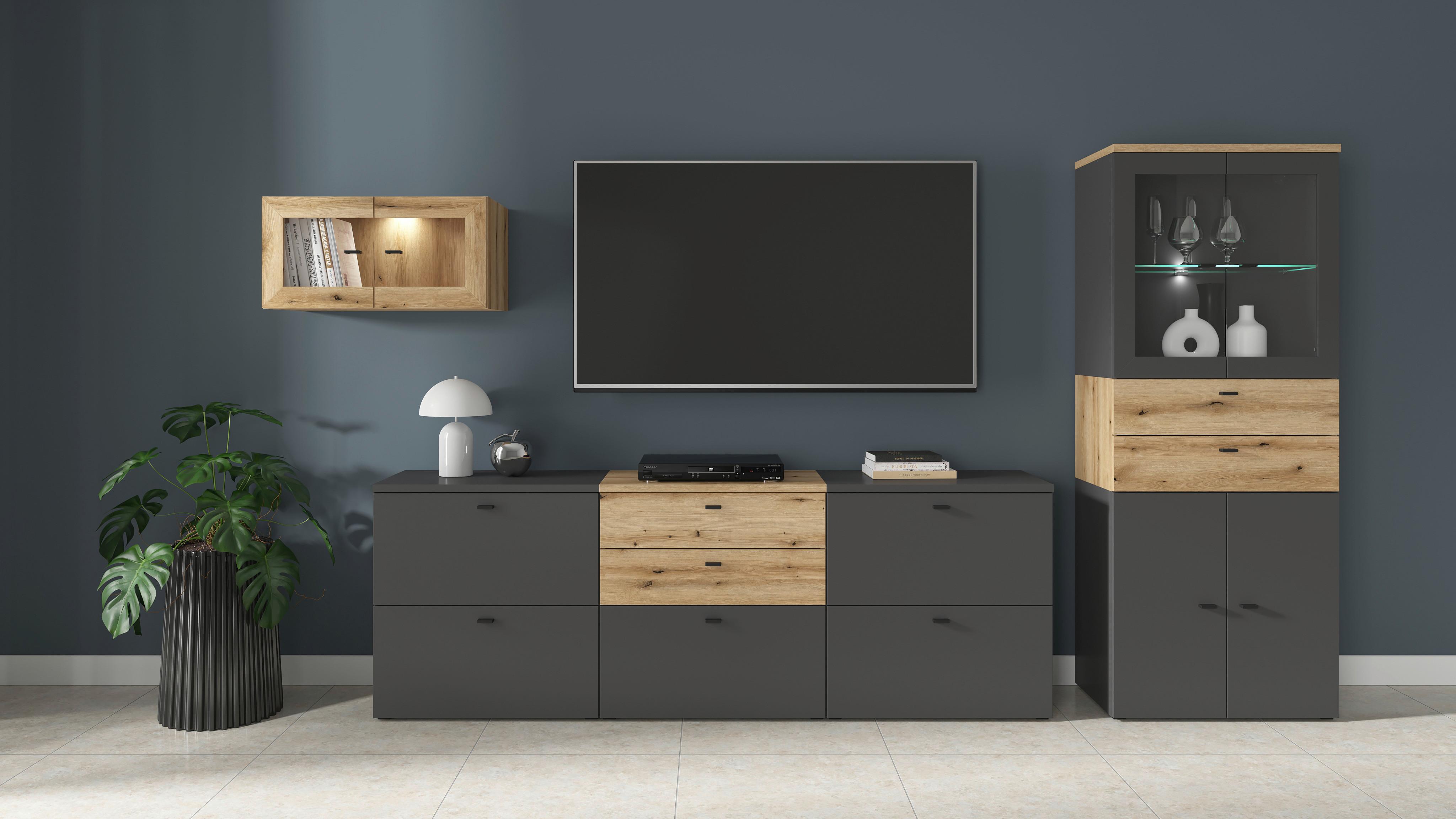 Wohnwand Sixty-four Anthrazit/eichefarben - Eichefarben/Anthrazit, Trend, Holzwerkstoff (320/160/35cm)
