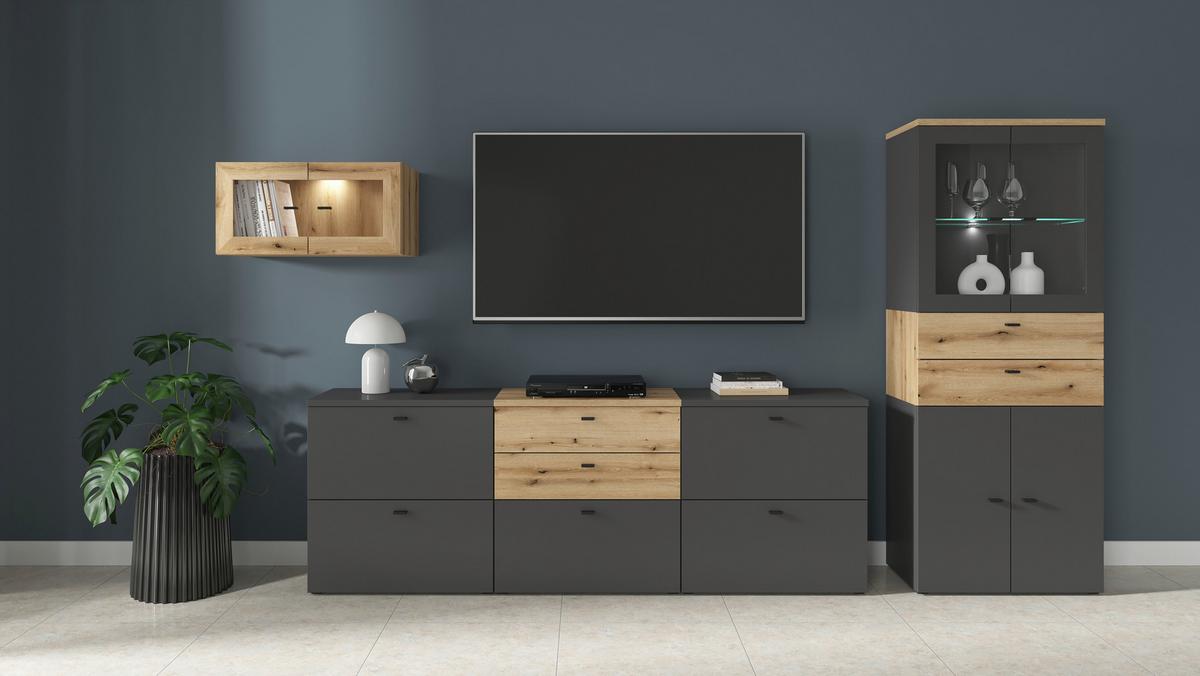 Wohnwand Sixty-four Anthrazit/eichefarben - Eichefarben/Anthrazit, Trend, Holzwerkstoff (320/160/35cm)